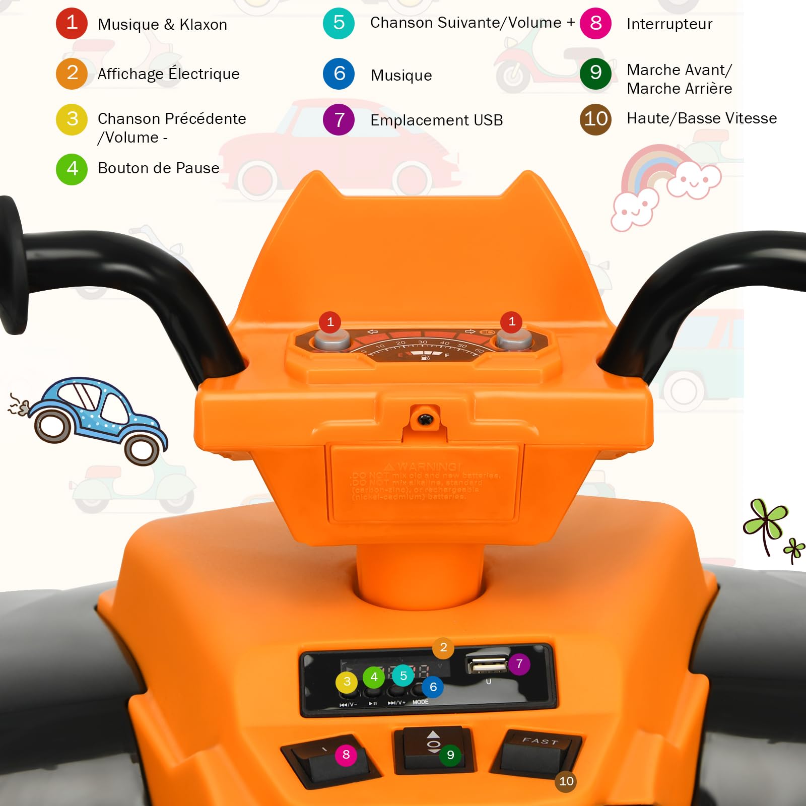 GOPLUS Voiture Quad Buggy Électrique pour Enfant 12V avec 2 Vitesses 2,8-5 km/h, Quad Électrique avec Phare, Klaxon, MP3 et USB, Démarrage Lent, pour Enfants de 3-7 Ans, 104X67X74CM (Orange)
