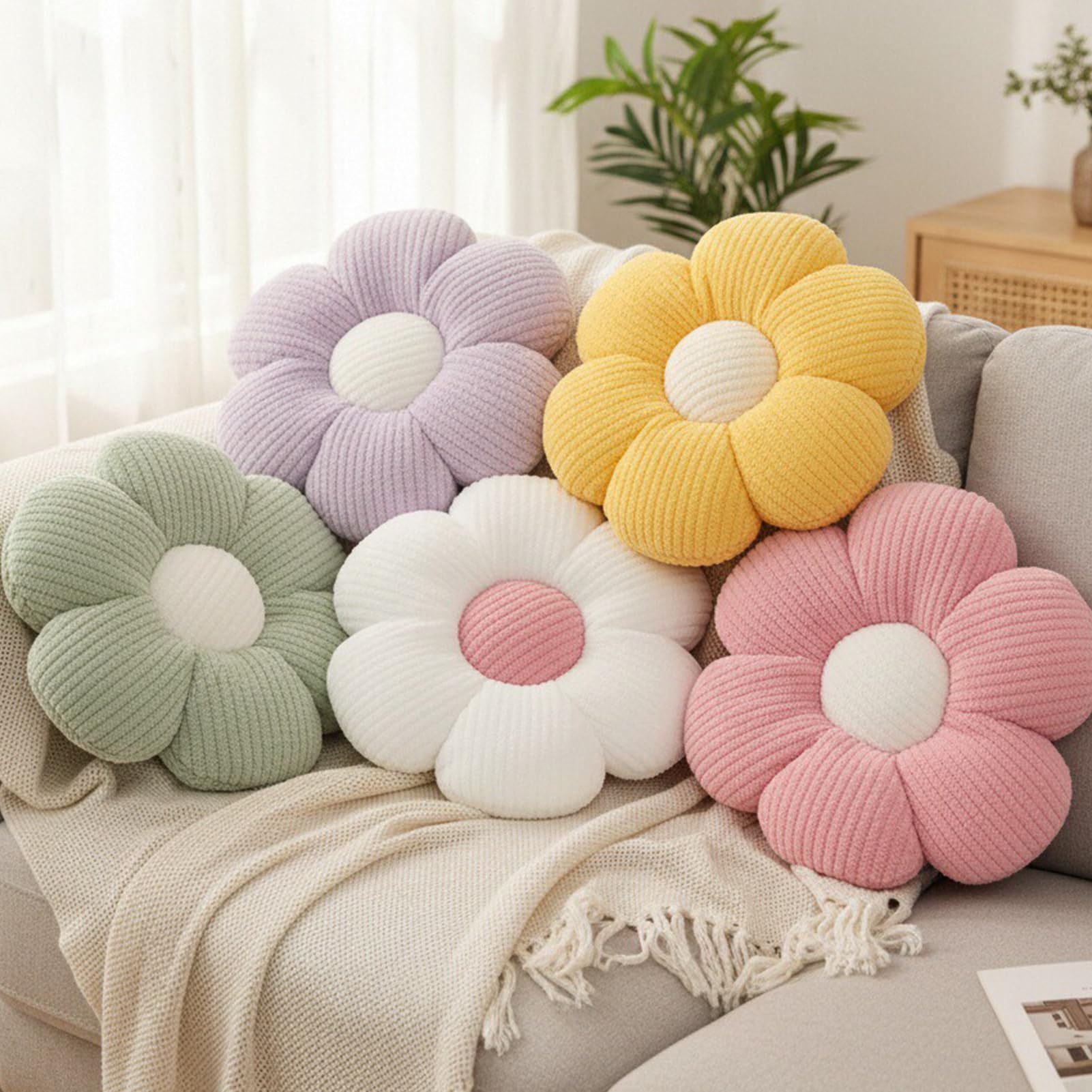2 cuscini a forma di fiore, morbidi cuscini da pavimento per divano, soggiorno, camera da letto, decorazione per la stanza delle ragazze, bianco e rosa