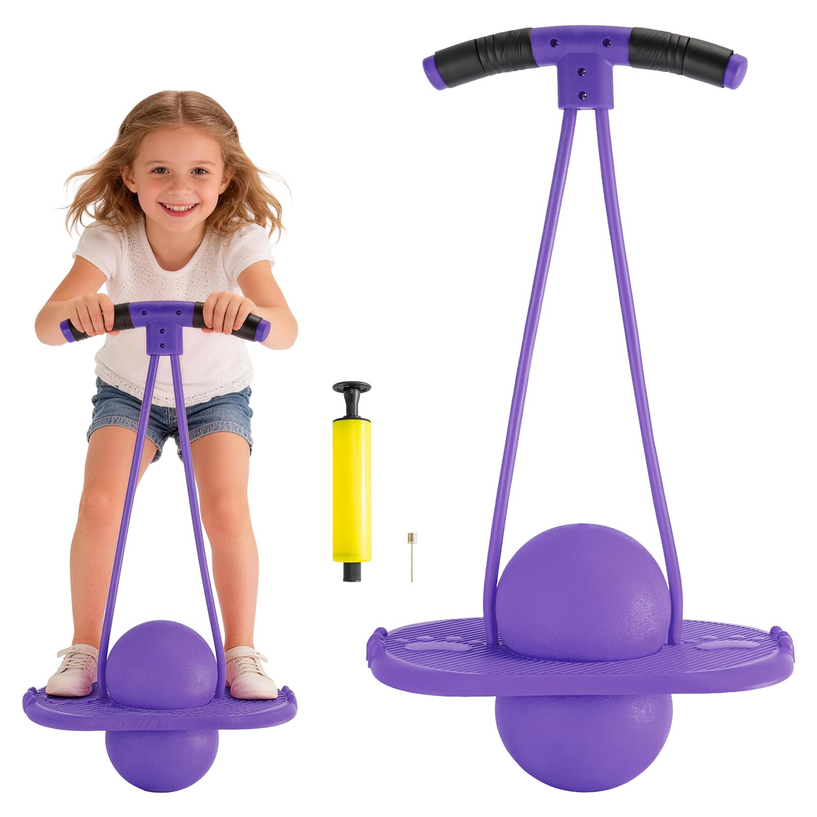 LN Cozy CORNE Pogo Ball for Adults, Balance Jumping Ball with Adjustable Handle, Quiet Indoor Fitness Pogo Jumper, Anti-Slip Footboard, Supports up to 100kg (Purple)