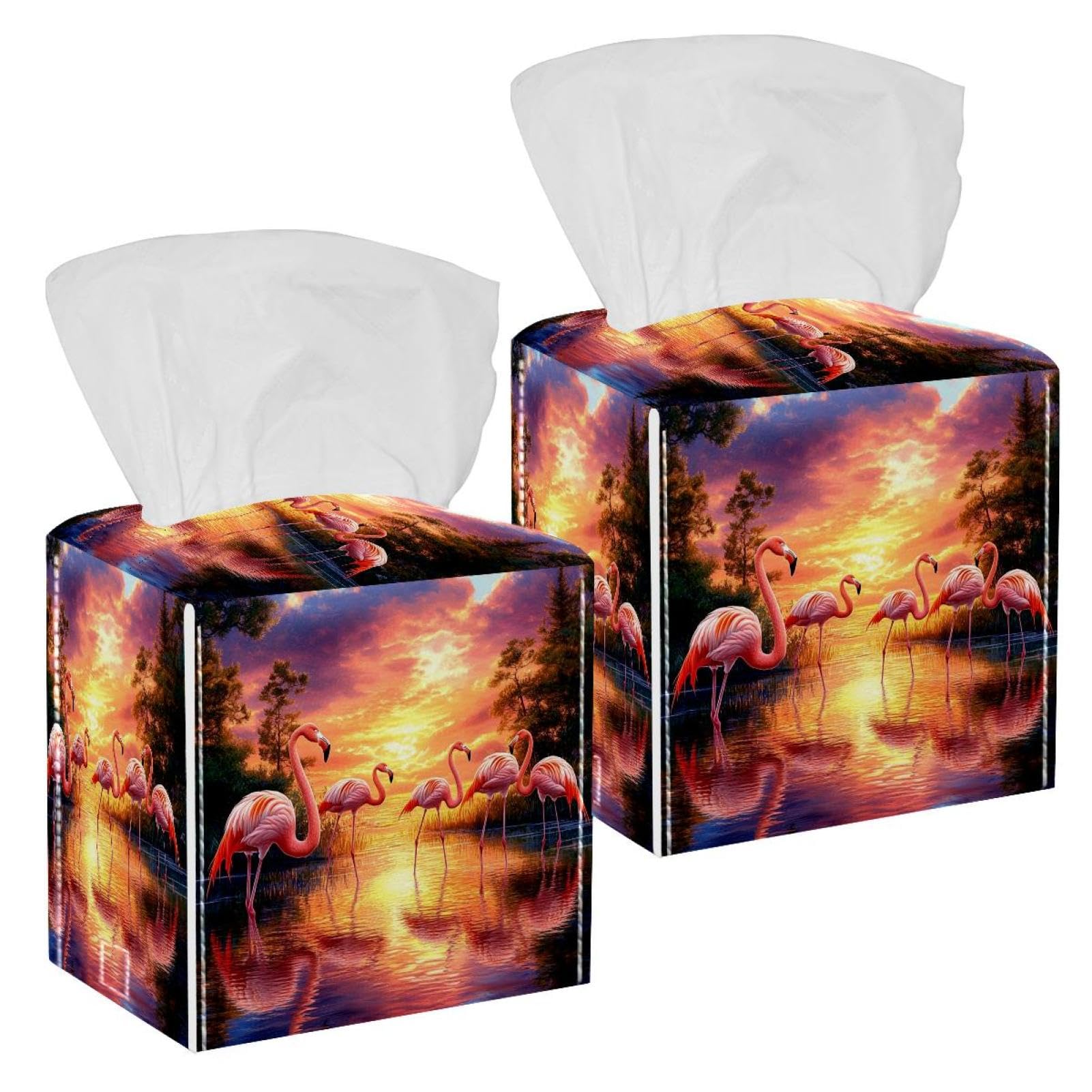 Flamingo Sunset Tissue Box Cover, 2 Pack PU Leather Square Facial Tissue Dispenser Box holder for Home Office Car