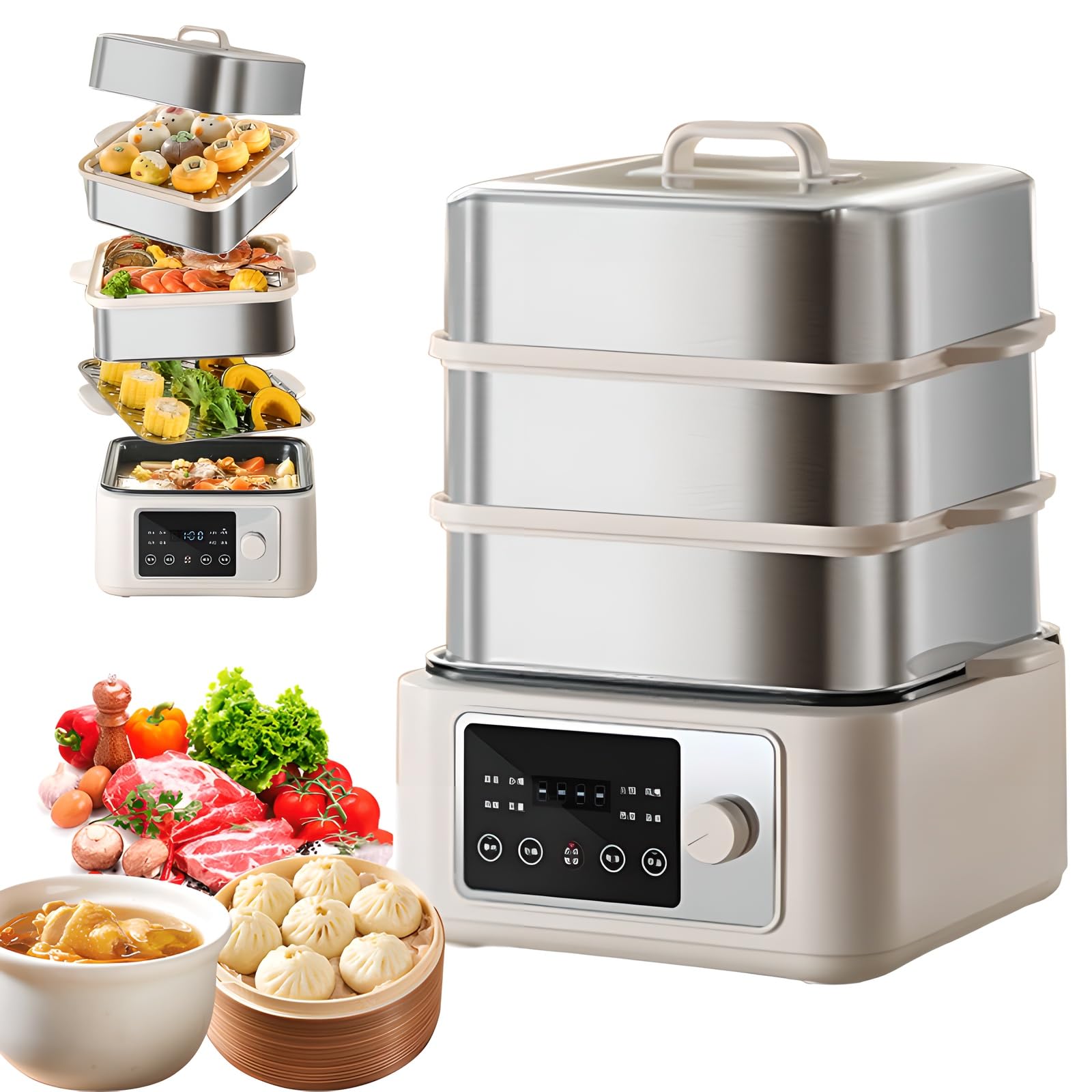 Vaporiera elettrica, 8/12/16 l, 1350 W, vaporiera per Verdure con Touch Screen, Timer 24 Ore, 8 funzioni Menu, Isolamento a Doppia modalità, vaporiera Multifunzione Intelligente in Acciaio Inox 16L