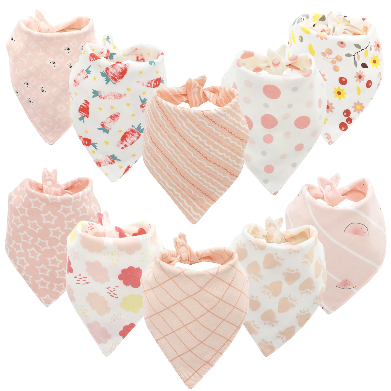 Flow fire 10 Pack Baby Dribble Bibs, Baby Bandana Girl Bibs with Adjustable Snaps, 100% Cotton Unisex Baby Bibs for 0-36 Months Newborn and Toddlers