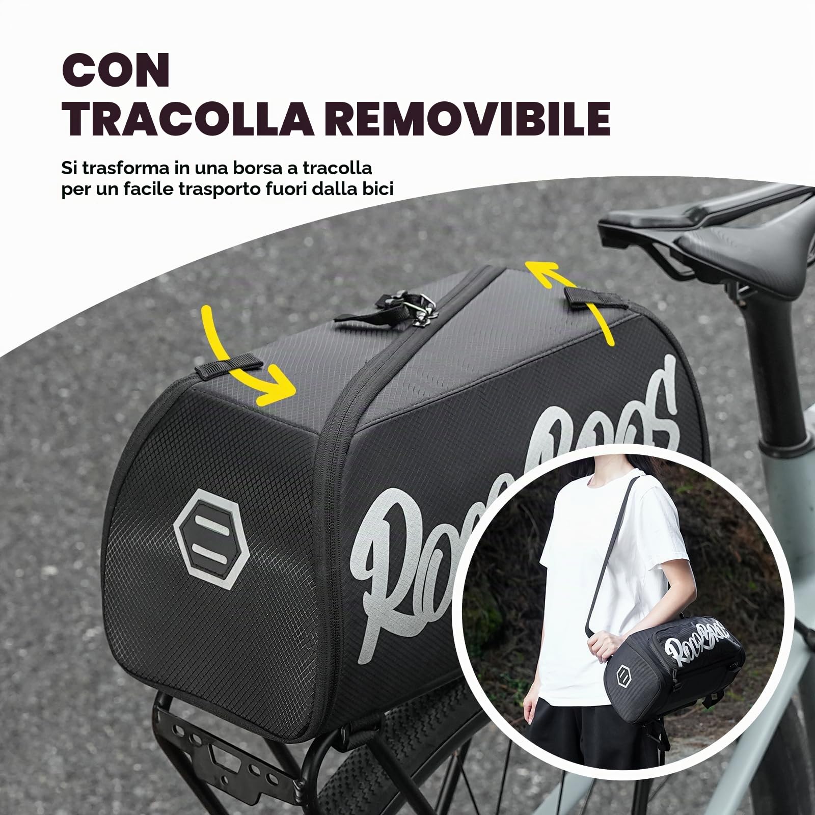 ROCKBROS Borsa Bici Posteriore 11,6 L per Portapacchi | Design Monopezzo, Tracolla Rimovibile, Per Bici da Strada Mountain Bike MTB