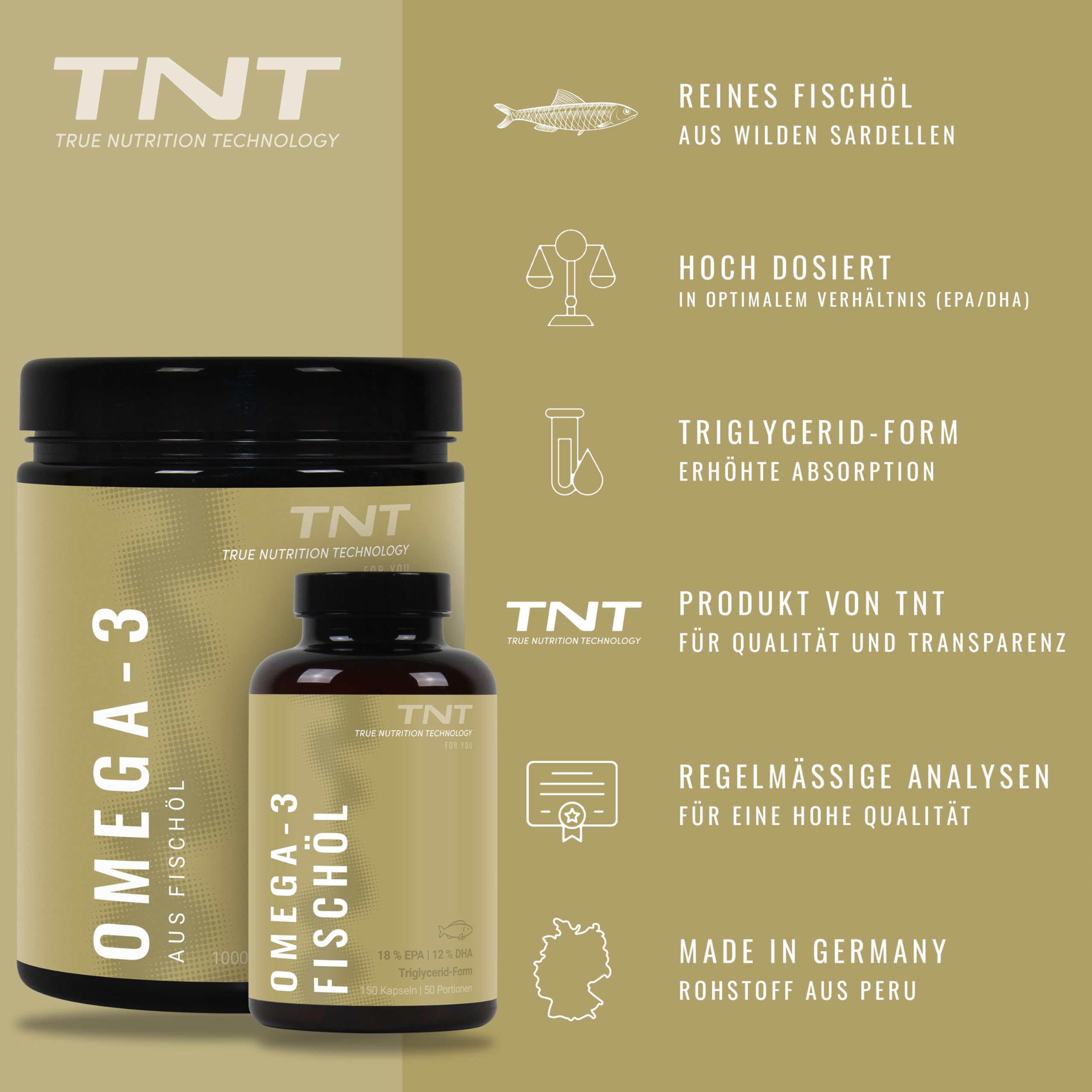 TNT Omega 3 Kapseln (1000 Weichkapseln) • 3000mg Fischöl (540mg EPA, 360mg DHA) pro Tagesdosis • Omega-3 Fettsäuren in Triglycerid-Form • Hochdosiert & ohne Zusätze