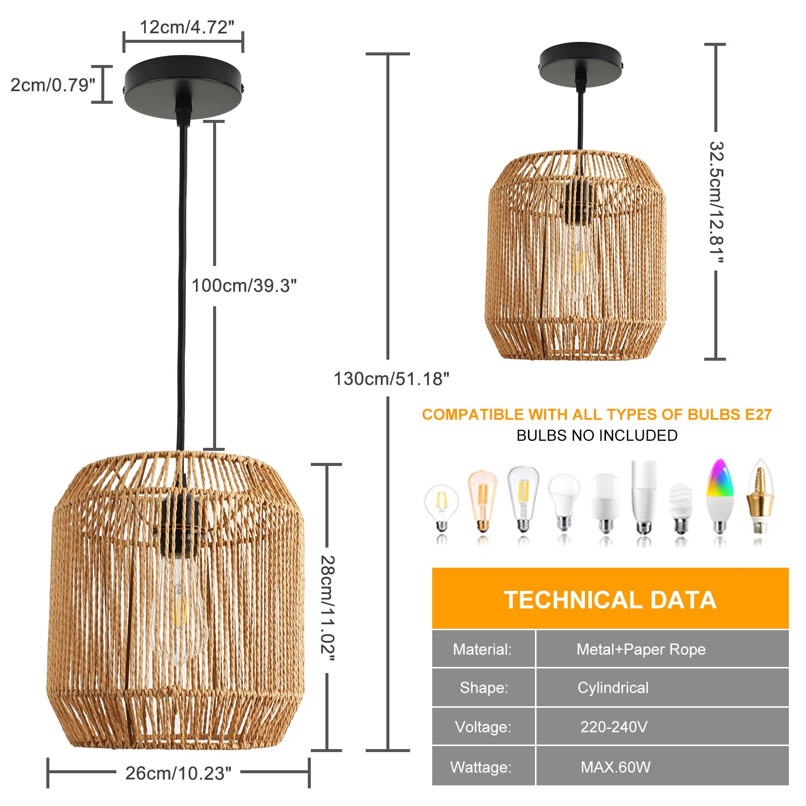 Pendelleuchte Rattan - Boho Lampe Hängend Ø26cm Vintage Deckenlampe Rattan E27 Hängeleuchte Geflochten für Esstisch Küche Wohnzimmer Schlafzimmer Flur
