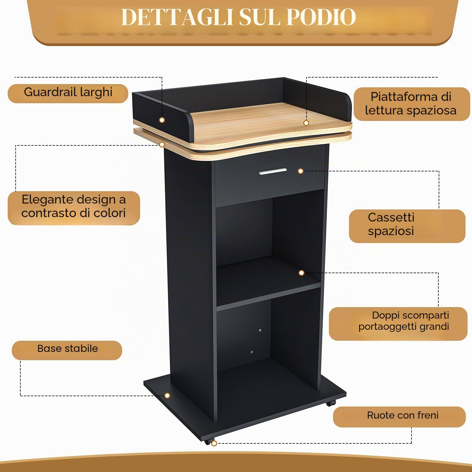 Podio in legno con cassetto estraibile e ruote, pulpito alto in legno massello di alta qualità, con ripiano a doppio strato, per chiesa, conferenze, scuola, seminario (110 x 46 x 60 cm)