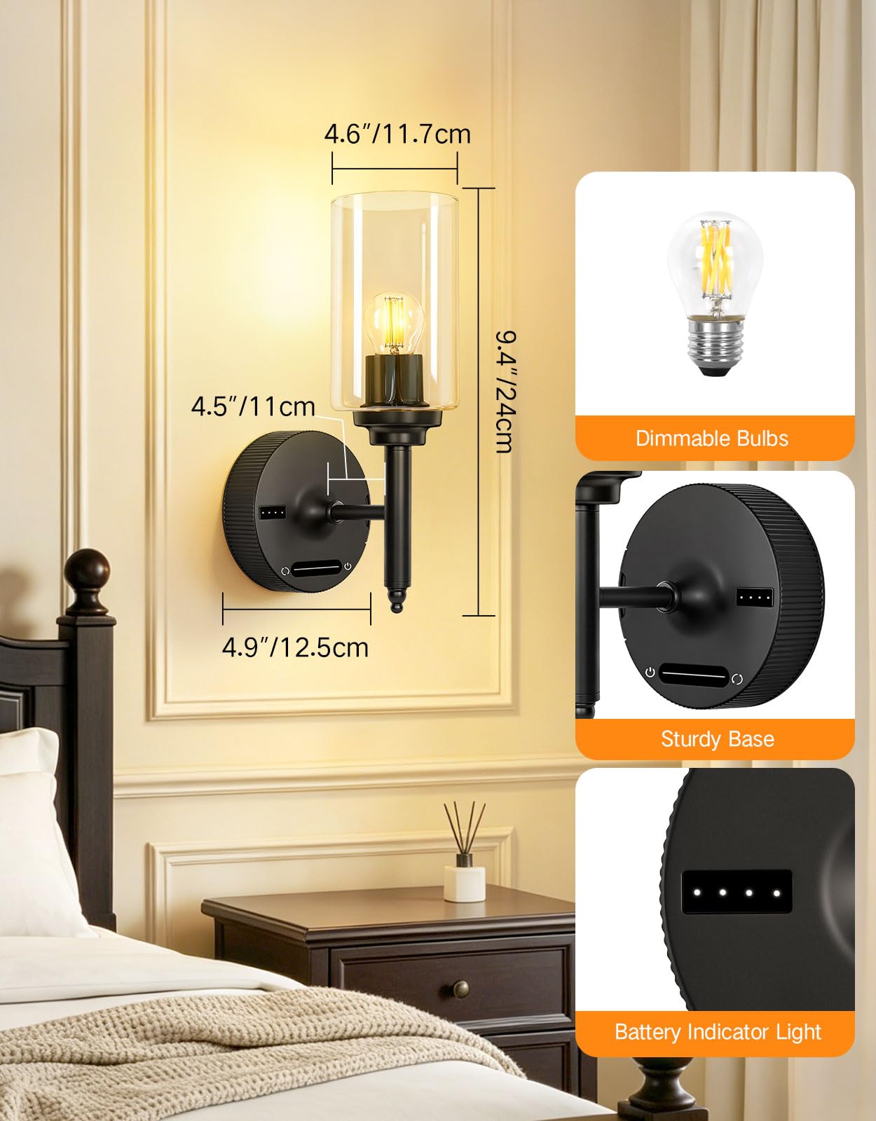OUTON 2 lámparas LED de pared inalámbricas con batería, sin conexión de alimentación, con mando a distancia y táctil, 3 temperaturas de color 3000 K-6000 K, regulable sin niveles, temporizador, 8000