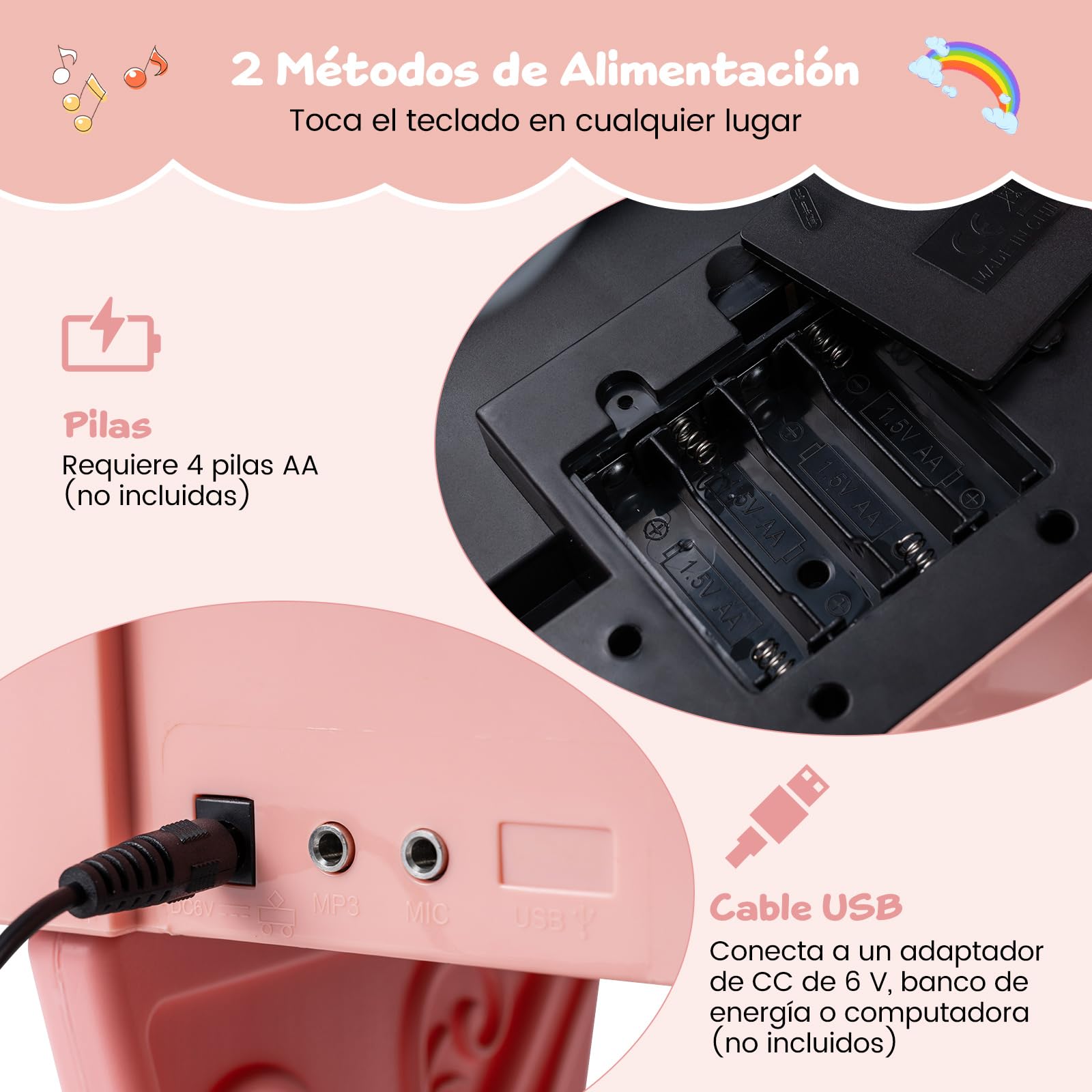 COSTWAY Teclado Piano de Madera para Niños, Piano Infantil Eléctrico de 25 Teclas con Taburete, Atril para Partituras y Micrófono, Órgano Electrónico Educativo para Niños a Partir de 3 Años, Rosa