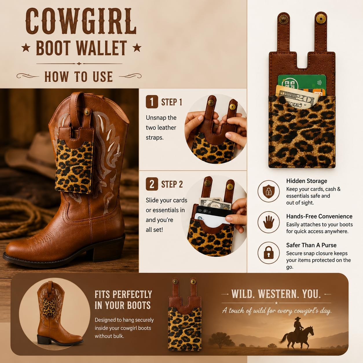 Western Boot Wallet with Snap Strap, Leather Cowgirl Pocket Pouch image 5