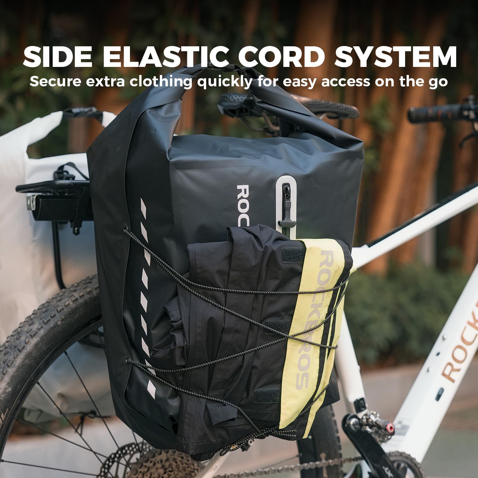 ROCKBROS 100% wasserdichte Gepäckträgertasche Fahrrad mit Vakuumfach | Kompressionsfach, Vornetasche, Elastisches Kordelsystem, Schnellbefestigung, für MTB Rennrad Gravelbike, 23 L, Weiß