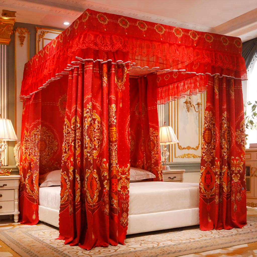 Roter romantischer 4-Eckpfosten mit luxuriösem Betthimmel, Vorhanghimmel 2-in-1 für Mädchen, Frauen, Erwachsene, Hochzeit, Schlafzimmer, Kinderzimmer, Bettdekoration (roter Betthimmel, voll)