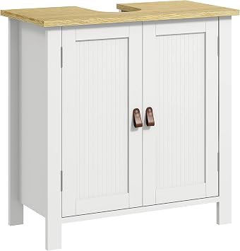 kleankin Under Sink Bathroom Cabinet, Modern Freestanding Under Sink Cabinet with Adjustable Shelf, 2 Doors and PU Pulls for Basin without Pedestal, White