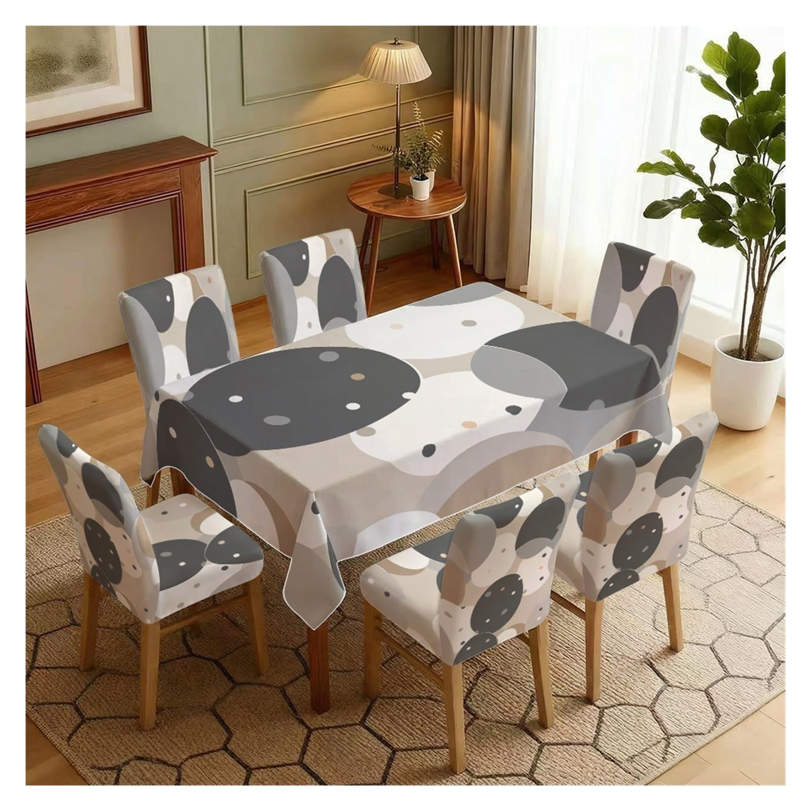 KXUAUV Stretch Dining Chair Slipcovers And Tablecloth Set, Modern Neutral Geometric Circle Print, 5/7 Pack For Dining Room Kitchen Home Interior Decor Party Decor(7pcs Set: Tablecloth+Chair Covers)