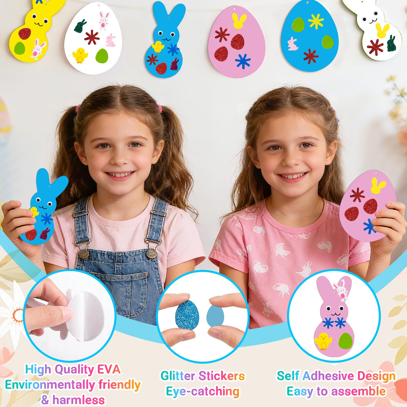 Kuvarix 32 Piezas DIY Manualidades de Pascua para Niños, Set de Manualidades de Pascua, con Conejitos y Huevos de Espuma, Pegatinas y Cintas para Decoraciones Fiesta Pascua