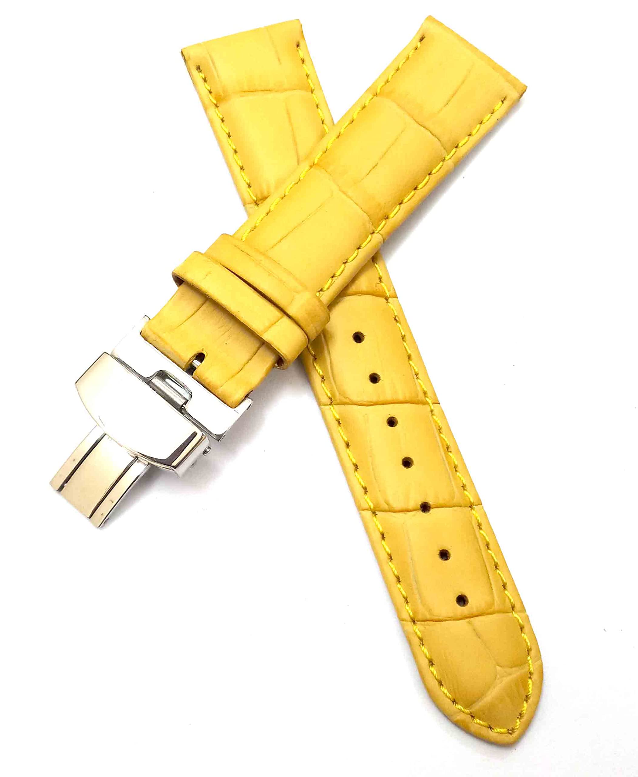 Ewatchaccessories 20mm Genuine Leather Yellow Watch Band Strap for Men and Women | Comfortable and Durable Material | Deployment Silver Buckle-Y2 (B0B6ZNL65F) Amazon Price History, Amazon Price Tracker