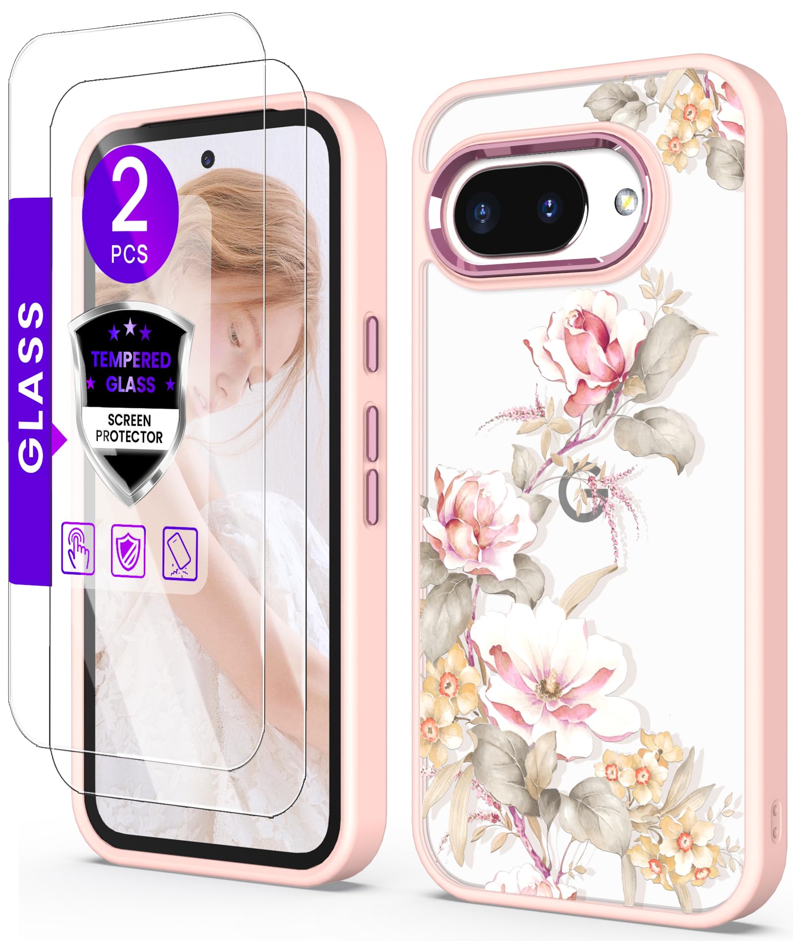 for Google Pixel 9A Case+Tempered Glass Screen Protector, [Military Grade Protective] Slim Soft TPU & Hard PC,Girls Women Crystal Clear Flower Pattern Case Cover for Pixel 9A-Ranunculus