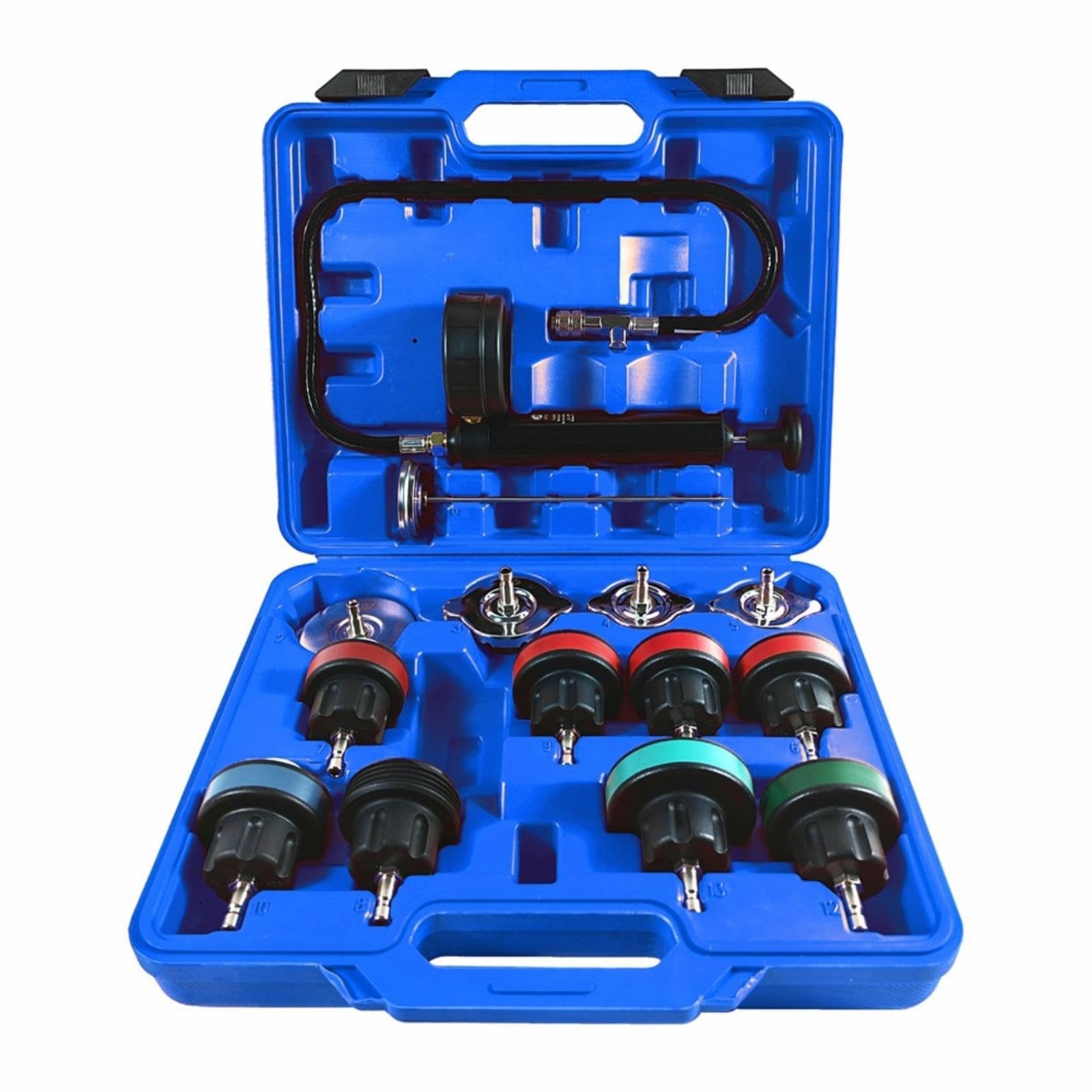 14 Pieces Cooling System Leak Tester Universal Coolant Pressure Tester Hand-Operated Test Kit for Vehicle Owners, Auto Repair Shops, Home Garages 14PCS Blue Box-picture-29