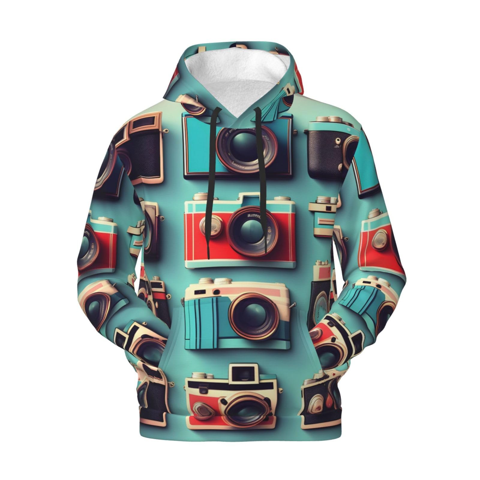 Męska bluza z kapturem w stylu retro fajna kolekcja aparatu, swobodny nadruk graficzny sweter z kapturem koszule z kieszenią