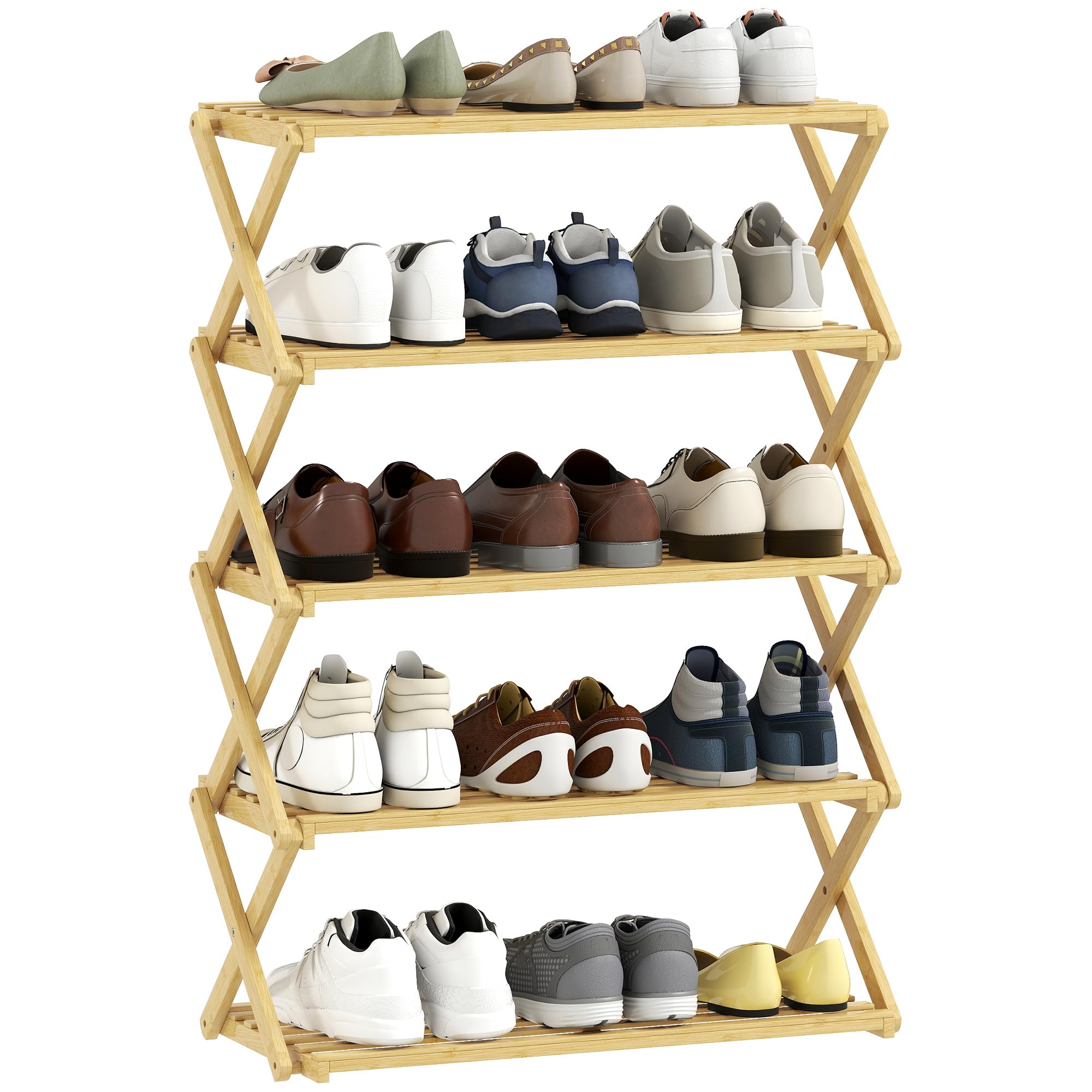 HOMCOM 5-Tier Bamboo Shoe Rack, Folding Shoe Shelf, No Assembly, Portable Storage Organiser for Entryway, Hallway, Living Room, Small Space, Holds up to 15 Pairs, Natural
