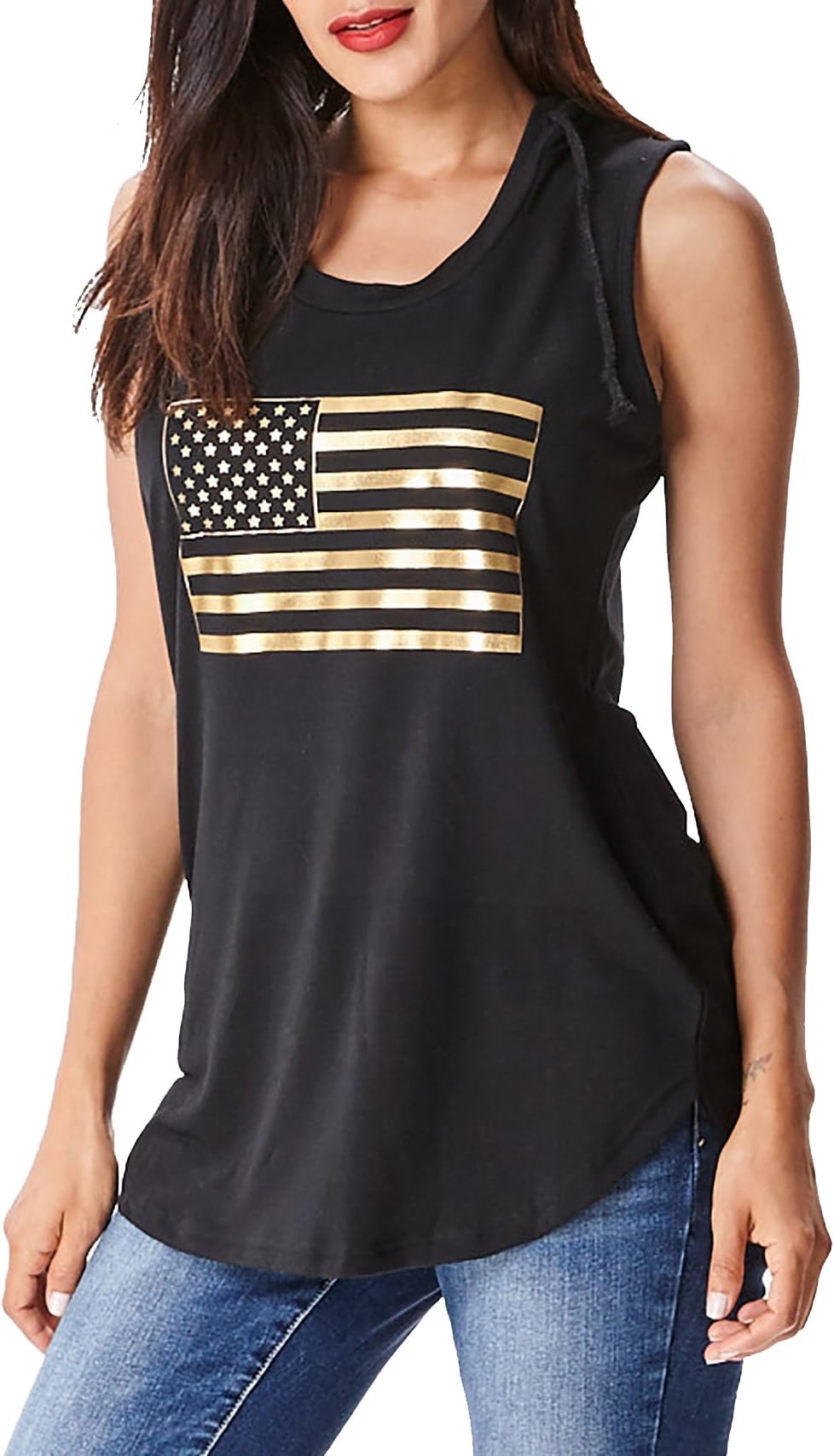 in2you Sleeveless Hooded Mini Dress with Gold USA Merica Flag Hooded long tee. (Small, BLack)