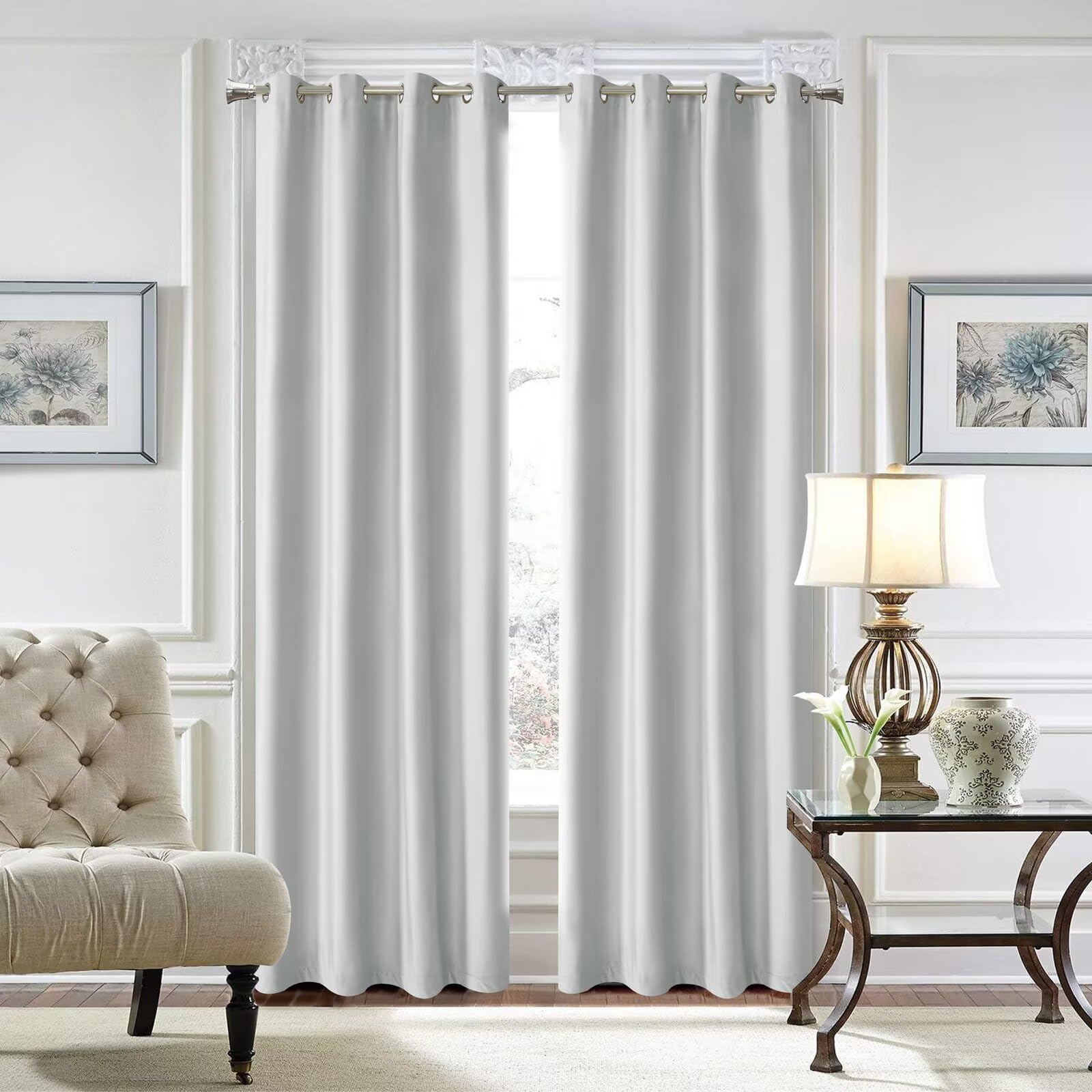 SSWH Blackout Curtains for Bedroom, Thermal Insulated Eyelet Curtains, Solid Colour Window Drapes for Living Room Privacy Protection(Size:52" W x 102" L(2 Panels),Color:Grey White)