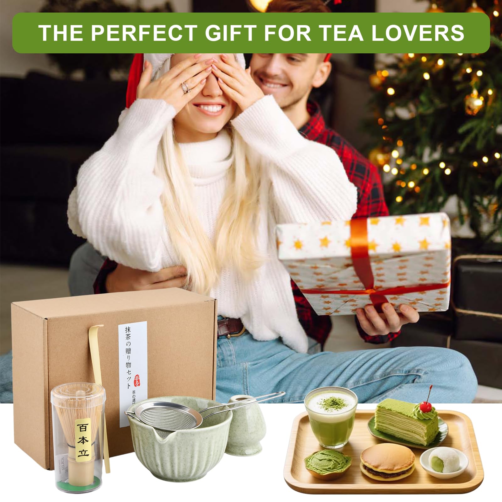 Matcha Kit Giapponese 5 Pezzi, Set da Tè Matcha con Ciotola per Matcha, Frusta per Matcha, Supporto Chasen, Cucchiaio e Setaccio Inox – Matcha Set Idea Regalo Elegante per Cerimonia del Tè