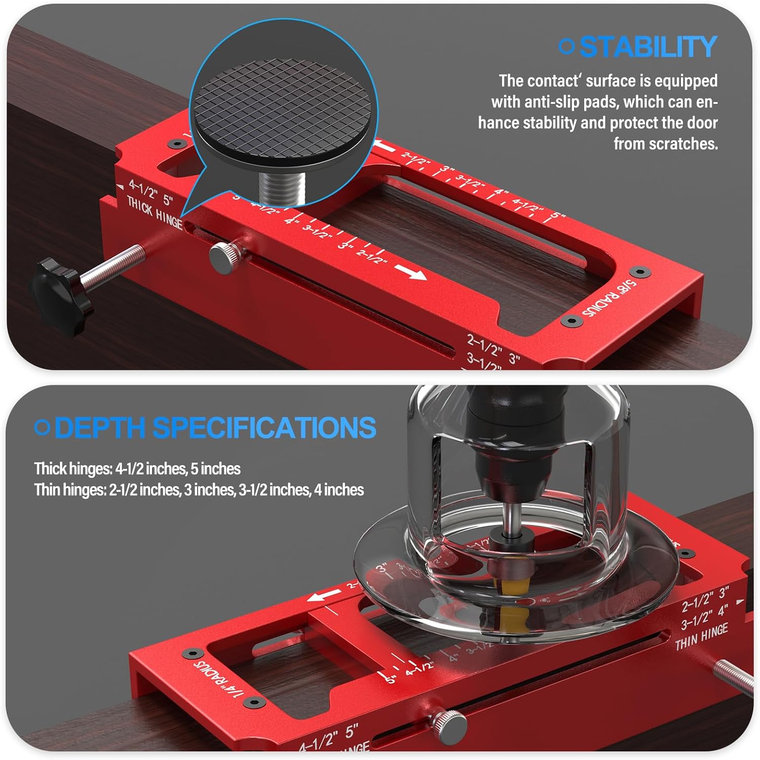 Aluminum Alloy Door Hinge Jig, Red Adjustable Router Template Kit with Scale Fits 2.5" to 5" Length and Thicknesses, Compatible with 1/4" Radius, 5/8" Radius and Square Corner Types