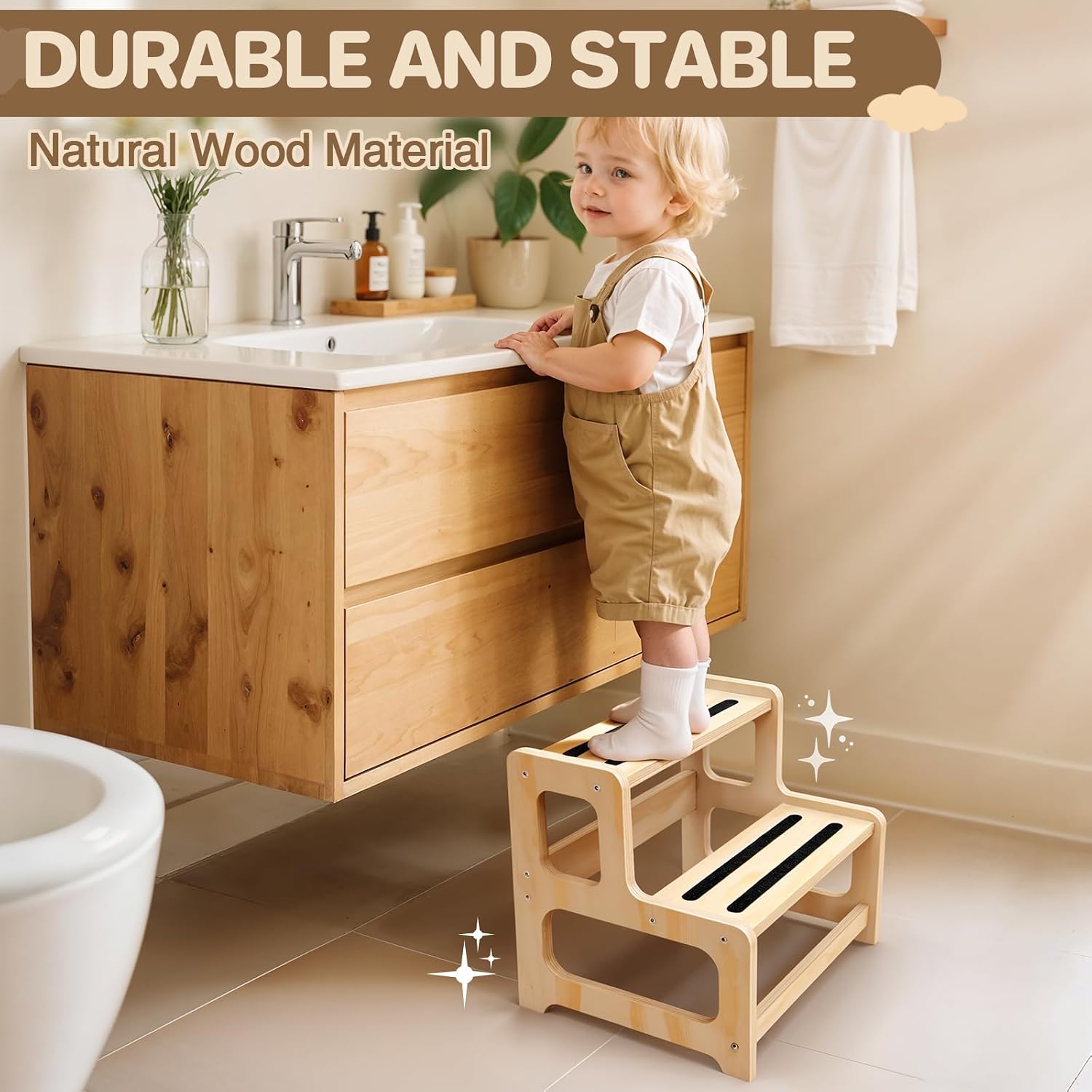 Toddler Step Stool, Step Stool for Kids, Toddler Stool for Bathroom Sink & Potty Training, Wooden Step Stools w Non Slip Base for Kitchen, Bedroom
