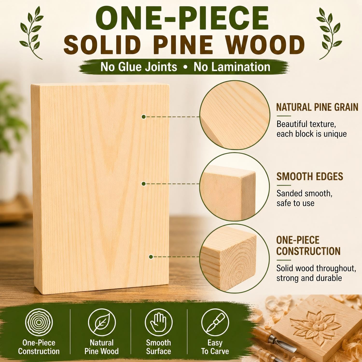 Unfinished Wood Blocks 4 Pack, 4 x 6 x 1 Inch Wood Carving Blocks