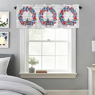 Independence Day Valances for Windows, Red Blue Flower Plaid Bow Star Abstract Wood Striped Kitchen Valance Light Filtering Rod Pocket Short Curtains for Kitchen Bathroom, 1 Panel, 60"x18"