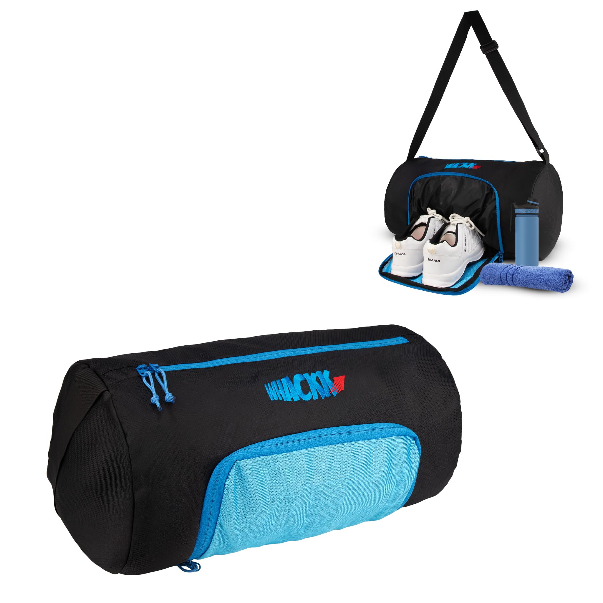 WHACKK Track Gym Bag Blue Black | Sports Duffle Bag with Shoe Compartment & Adjustable Shoulder Strap | Lightweight Travel Duffel for Men & Women