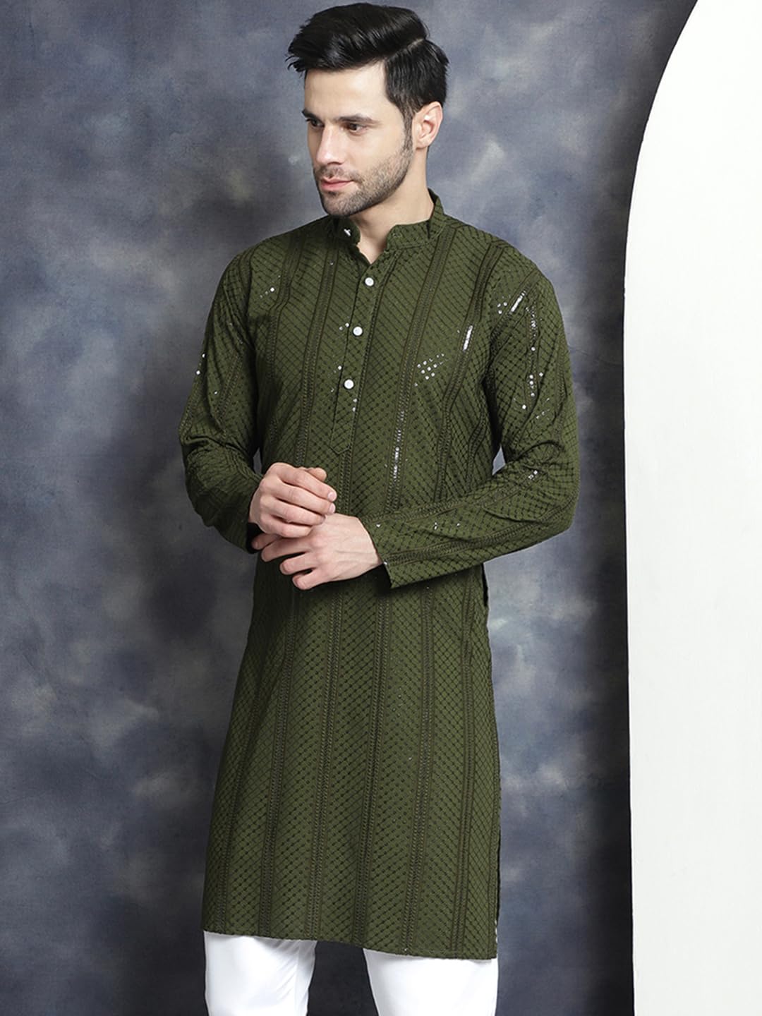 Jompers Men's Sequins Chikankari Embroidered Kurtas (Mehndi, S)