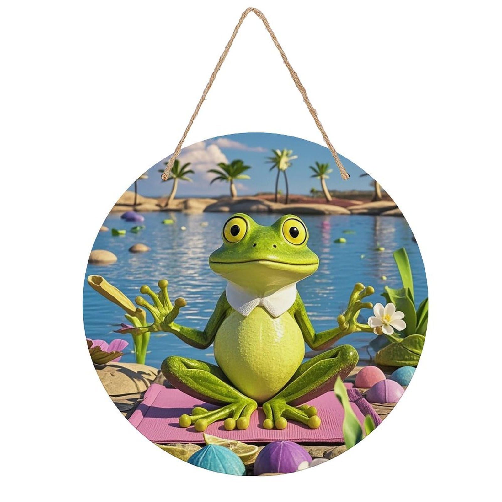 FekiLoot Funny Yoga Frog Wall Art Decor Rustic Welcome Sign Round Wood Hanging Sign Decoration Wood Plaque Door Hanger Wooden Signs Wall Hanging Decor Housewarming Gift for Home Outdoor Indoor
