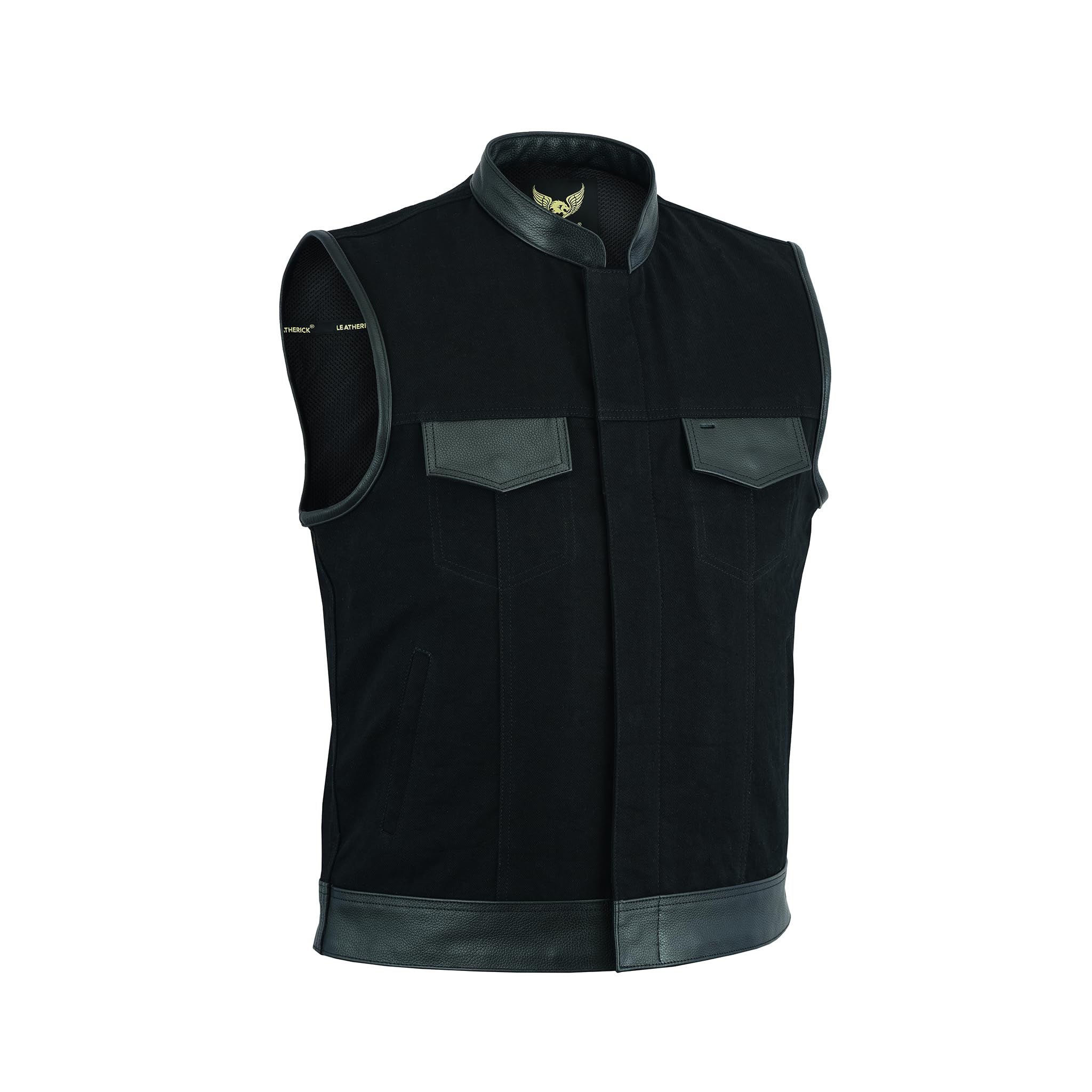 Black Anarchy Club Gilet de motard en denim avec bordures en cuir et poches profondes