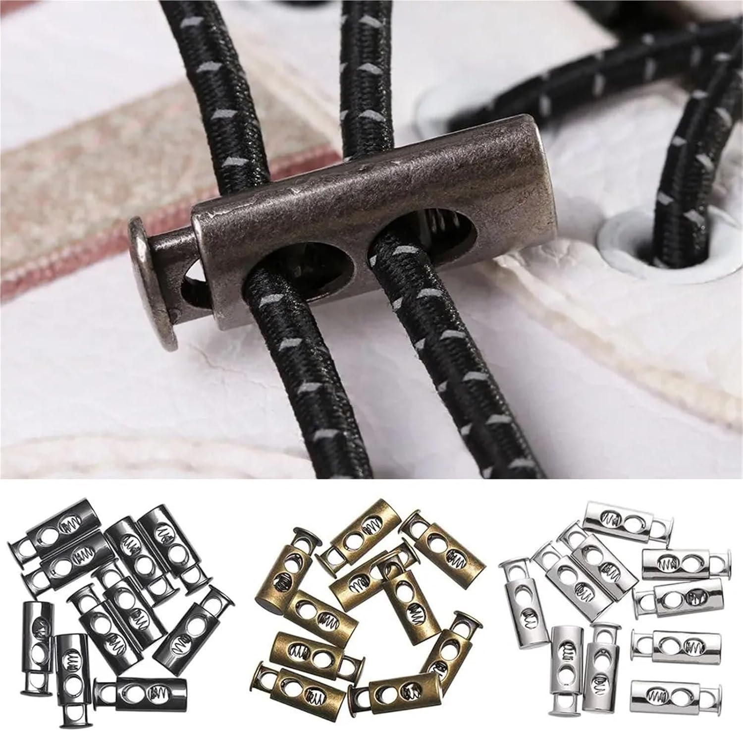 Metal Cord Locks Rope Stopper 40 Pcs Apparel Sewing Accessories DIY Metal Clamp Stopper Cord Double Hole Stoppers Lock Toggle(Color01)