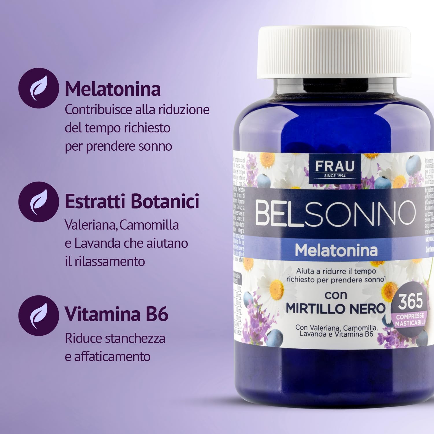 FRAU BEL SONNO Melatonina 365 Compresse Masticabili, Un Anno di Scorta, Integratore Alimentare per Favorire il Sonno con Valeriana, Camomilla, Lavanda e Vitamina B6, Gusto Mirtillo