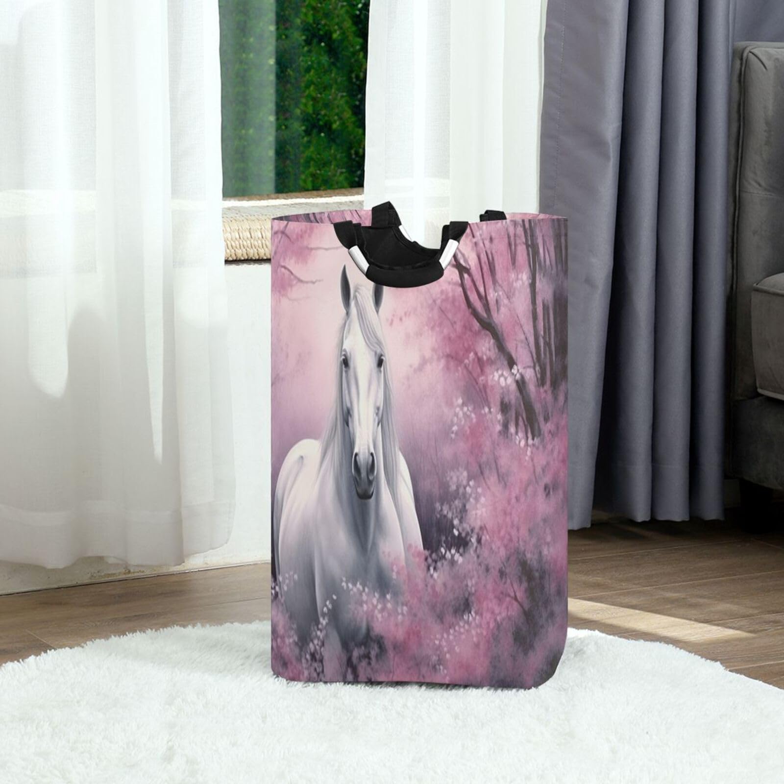 FLildon Laundry Basket Pink Field Horse Collapsible Clothes Hamper, Waterproof Nursery Storage Bin with Handle Clothing Baskets for Bedroom Bathroom