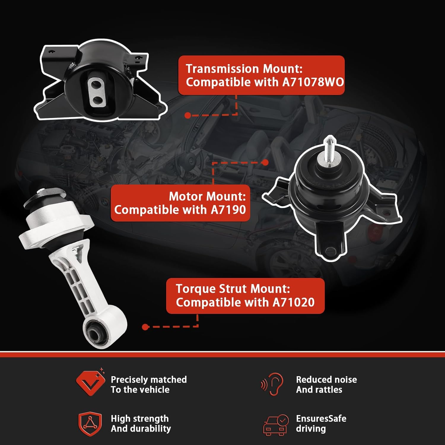 Engine Motor & Transmission Mount Compatible with 2010 2011 2012 2013 kia Soul 1.6L 2.0L L4 AUTO Reuse Bracket Set 3pc OE:A7190 A71078WO A71020