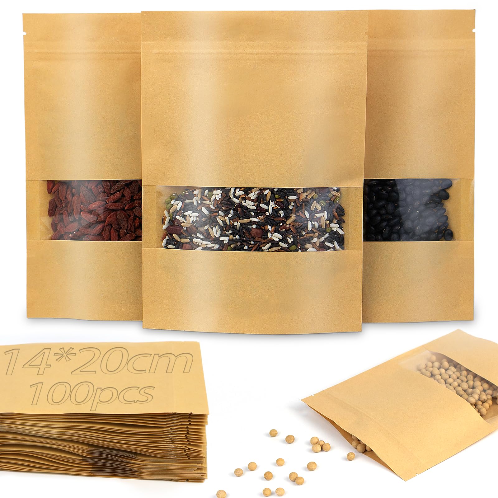 Kvittra Brown 100Pcs Kraft Paper Treat Bags With Window, Ziplock Stand Up Pouches For Packing Food Cookies Snacks, Resealable Bag With Transparent Window And Tear Notch For Multipurpose Storage
