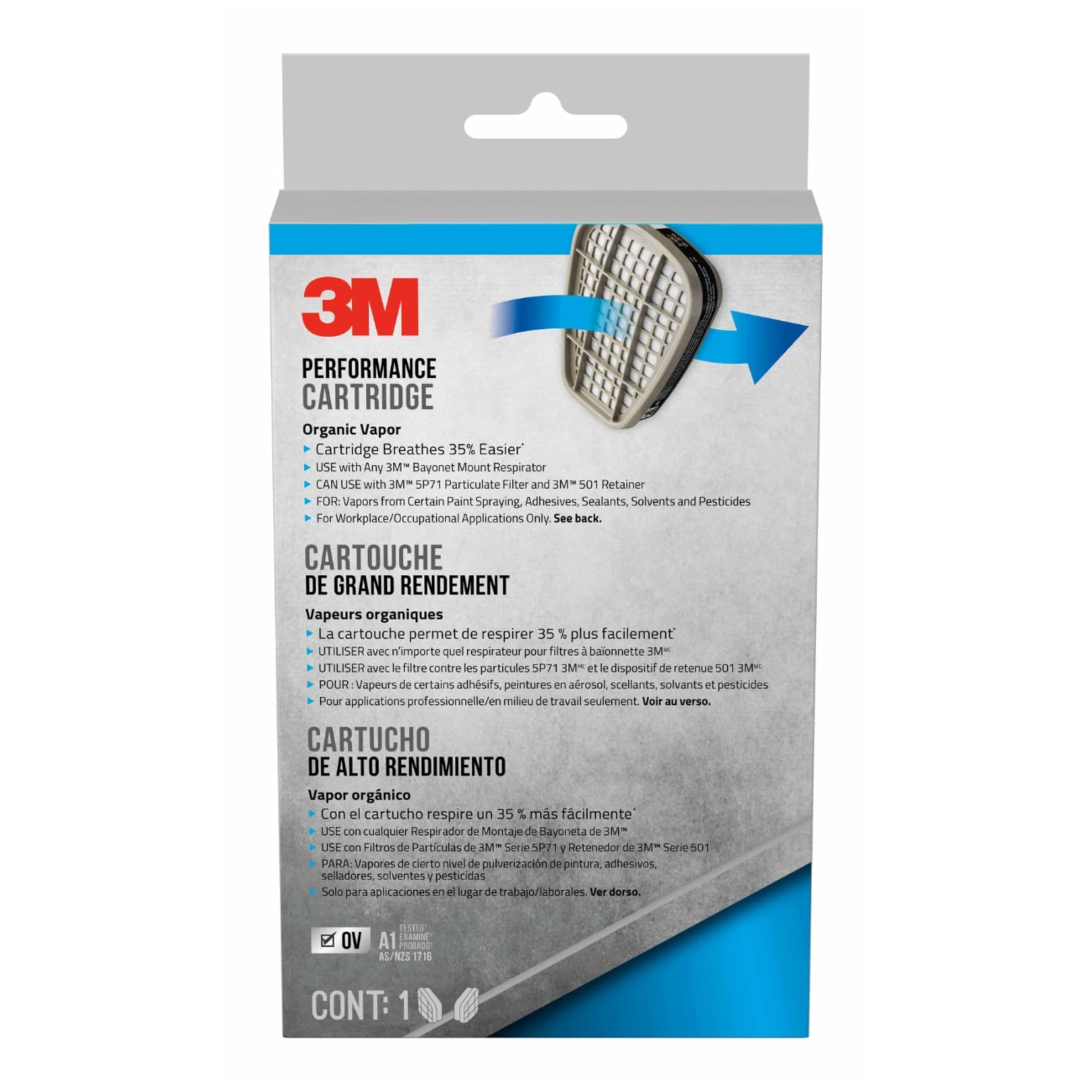 3M Performance Organic Vapor Replacement Cartridges, 1 Pair, Use With Any 3M Bayonet Mount Respirator, For Vapors From Certain Paint Spraying, Adhesives, Sealants, Solvents & Pesticides (6001P1-DC)