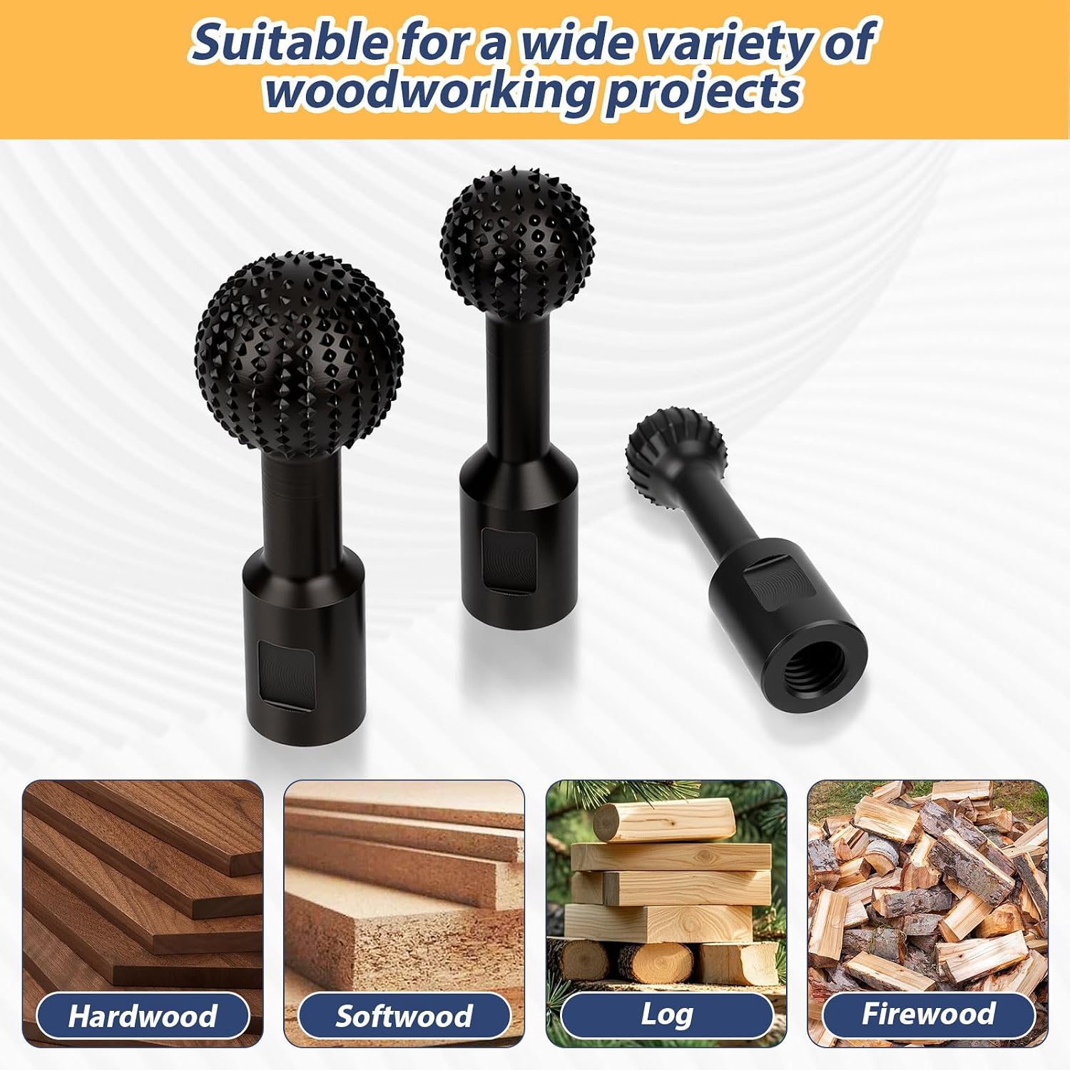 3 PCS Angle Grinder Attachments, 5/8-11 Thread Ball Gouge for 4-1/2" & 5" Angle Grinders, Carbide Steel Carving Tools for Hollowing, Engraving, Slotting, Chamfering & Polishing, Sphere Rotary Burr Set