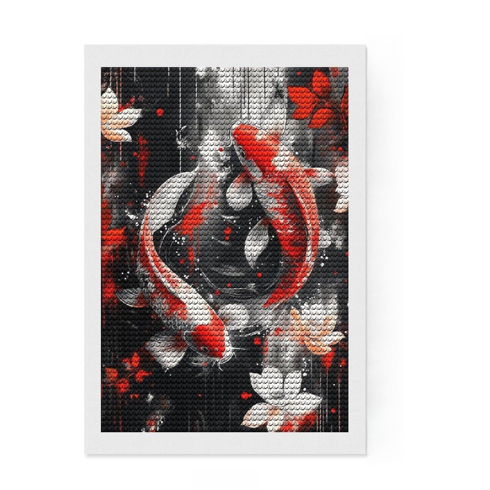 Junmoney Koi Fish Watercolor Balance Crystal Diamond Art Kit 8"x12", Round Gems, Modern Decor, Artistic Hobby, Vintage Style Decor, Festive Craft Gift