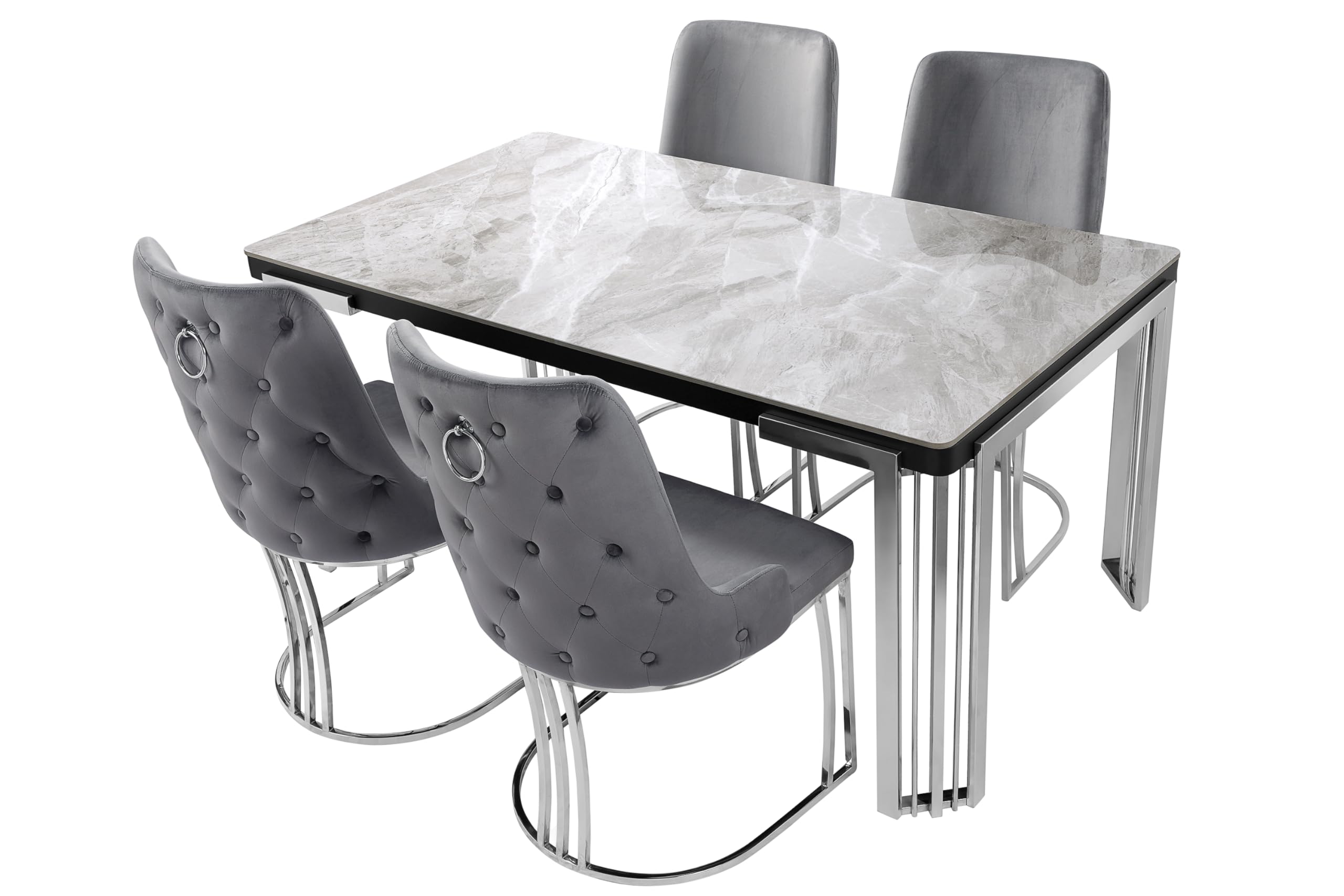 7 Star FURNITURE Daisy Sintered Ceramic Stone Black, Grey or White Dining Table (No Chairs Included) with Optional Gold Or Silver Frame (Grey-Silver Frame)