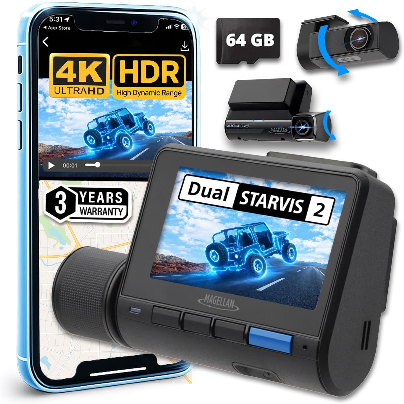 MAGELLAN DR45 2-Channel Dash Cam, Night Vision, Front & Rear True 4K + 2K Camera for Cars, STARVIS 2 IMX678 IMX675, Strong Mount, GPS, Wi-Fi, App Control, Parking Mode, 2.7" IPS, 64GB Card Included