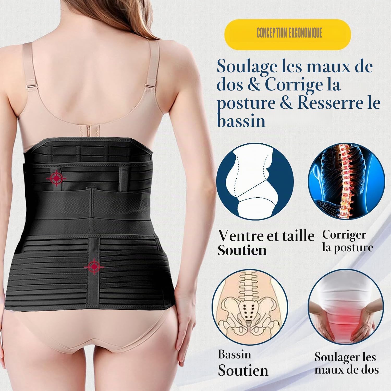 Ceinture ventrale 3 en 1 post-partum, Ceinture ventre/taille/bassin de récupération, noir, taille unique