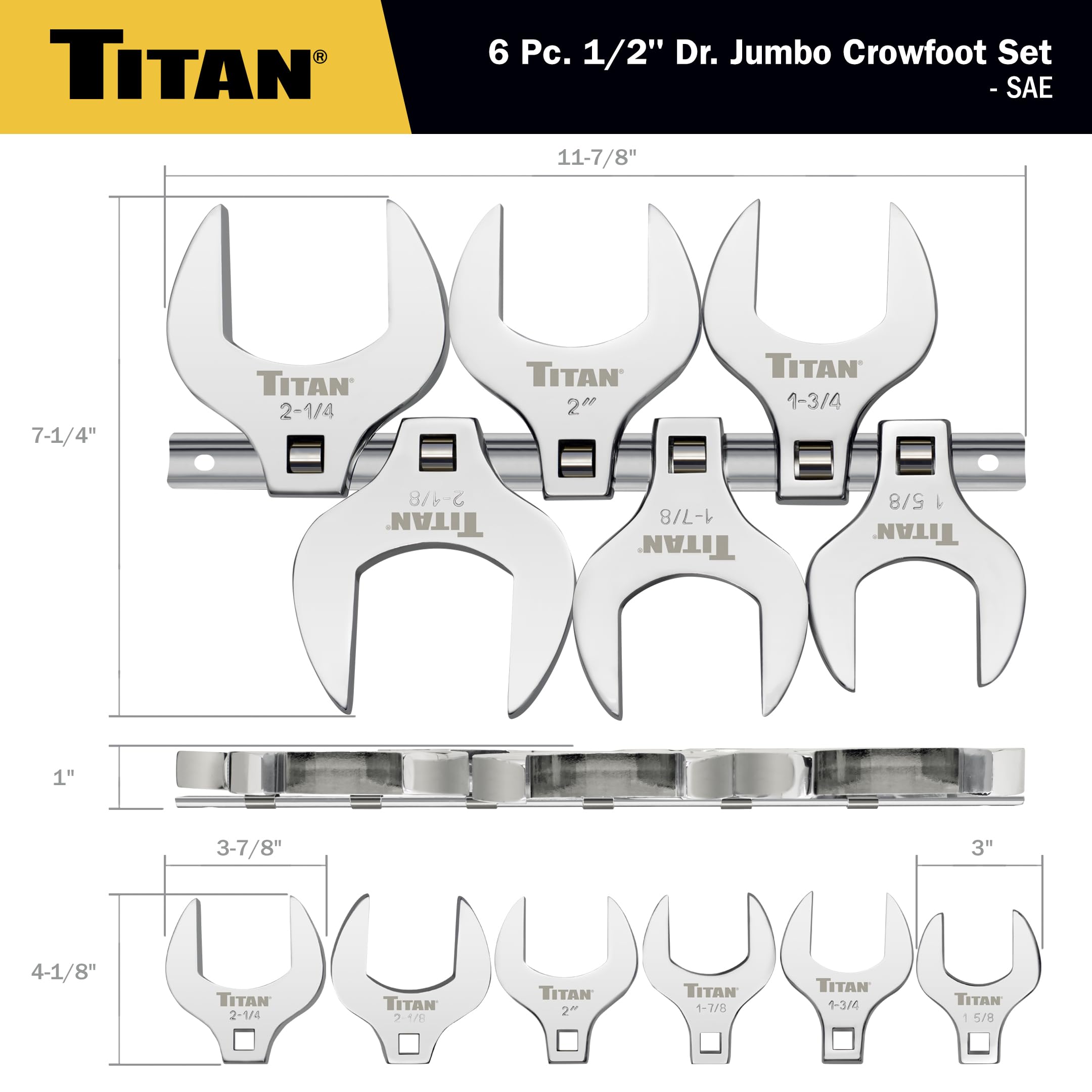 Titan 17676 Jeu de 6 clés à molette SAE Jumbo Crowfoot 1/2"