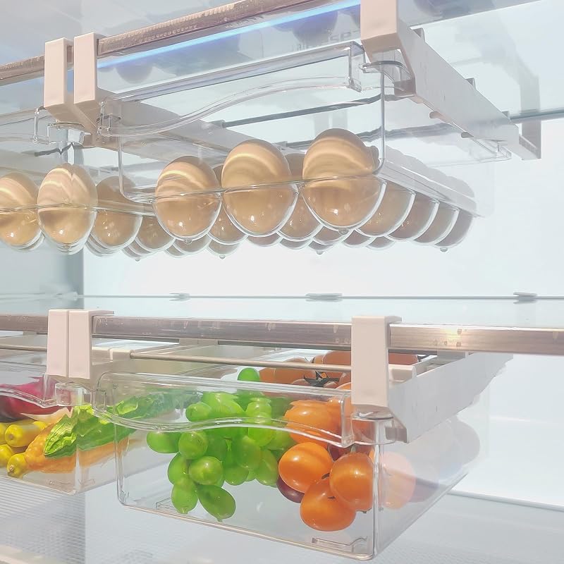 URALFA 2PCS Fridge Drawer Organizer and Egg Holder For Refrigerator | Adjustable Fridge Under Shelf Drawer, Hanging Fridge Sliding Drawer, Refrigerator Storage Containers for Egg, Fruit, Cheese