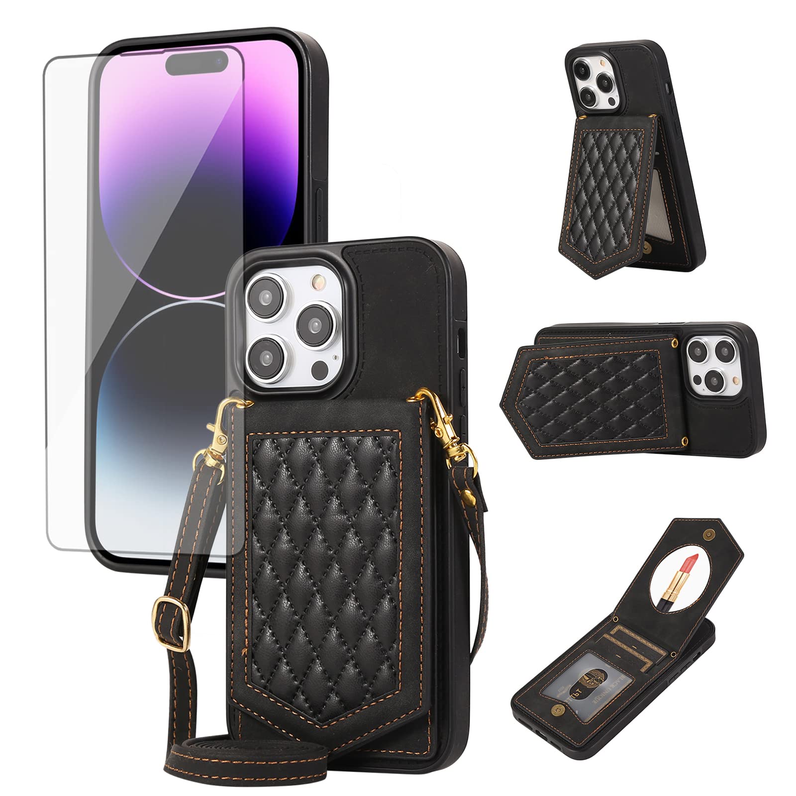 Asuwish Cover per iPhone 14 Pro Max con Cordino e Pellicola Vetro Temperato Supporto Regolabile Specchio Pelle Portacarte Portafoglio Custodia per protettiva i-Phone 14Pro Promax i 14ProMax Case Nero