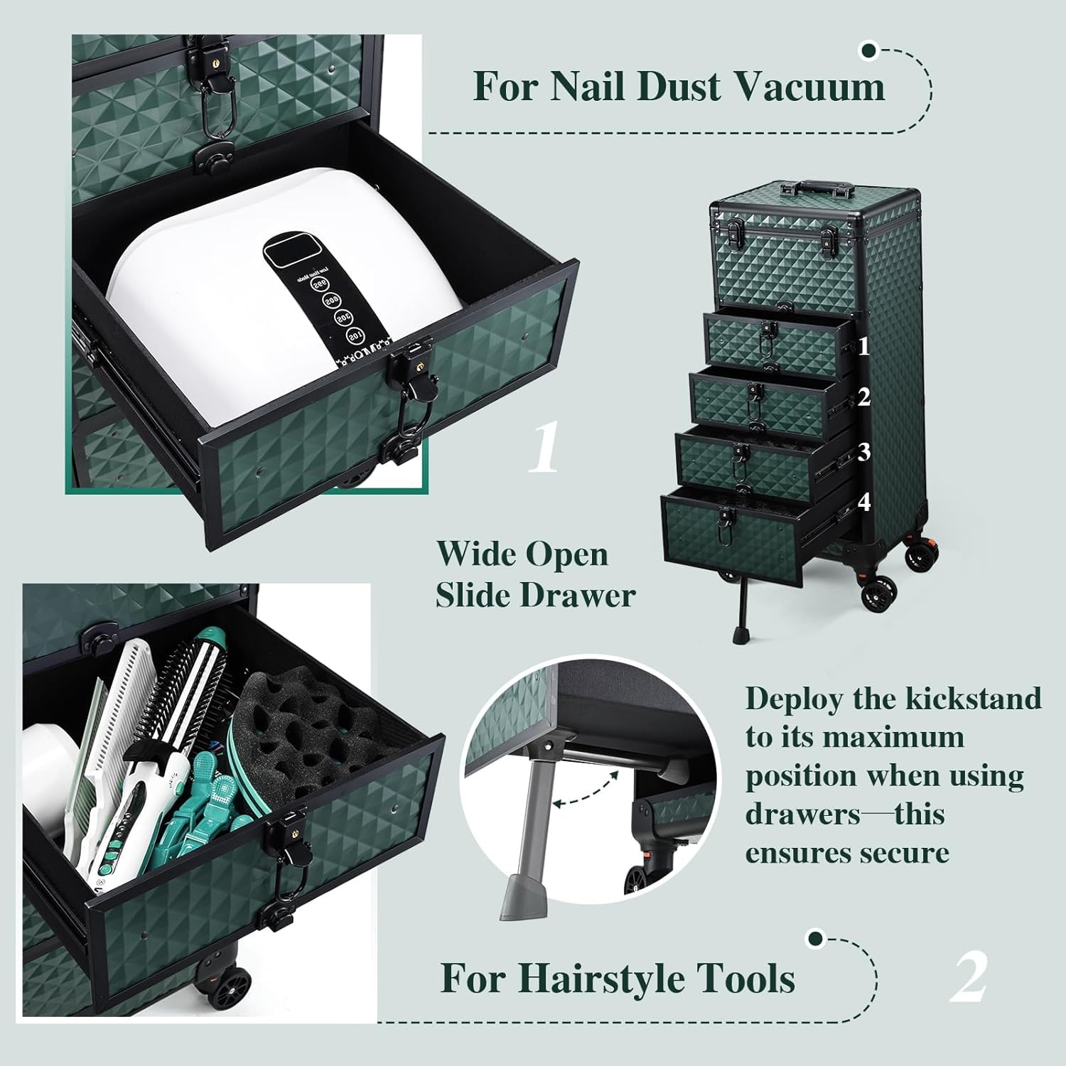 Valise de Maquillage à roulettes, Malette Professionnelle pour Onglerie et Coiffure avec 4 Tiroirs et Système de Verrouillage, Vert foncé - 3