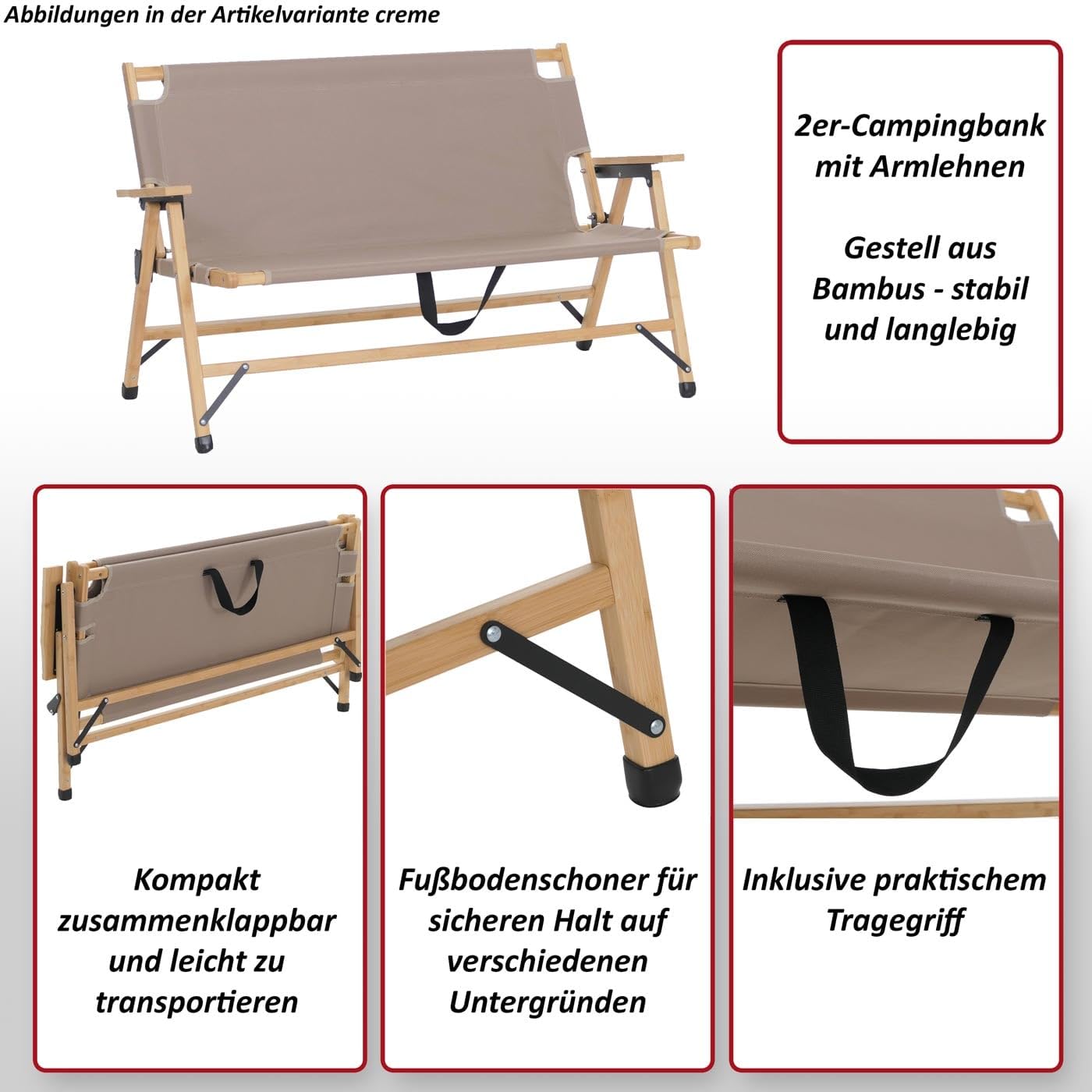 Mendler Bambus Campingbank HWC-Q40 117cm Stoff/Textil - Creme | Outdoorbank, Picknickbank, Gartenbank, klappbar, Tragegriff